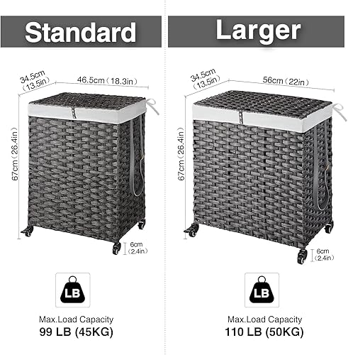Miniatura 6 de Greenstell Cesta de lavandería con ruedas, no necesita instalación, cestas tejidas a mano divididas de 90 litros y 2 bolsas extraíbles con forro,