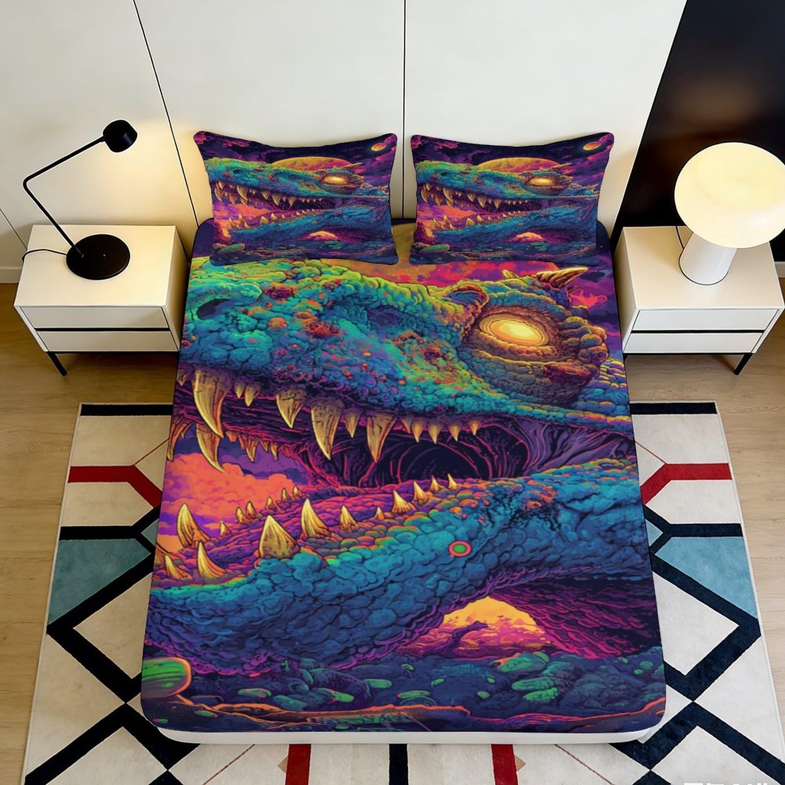 3D Printed Vibrant Dinosaur Skull Fitted Sheet Microfiber Soft Anti-Slip Monster Art Mattress Cover for Bedroom Dorm Decor 120x200x25cm