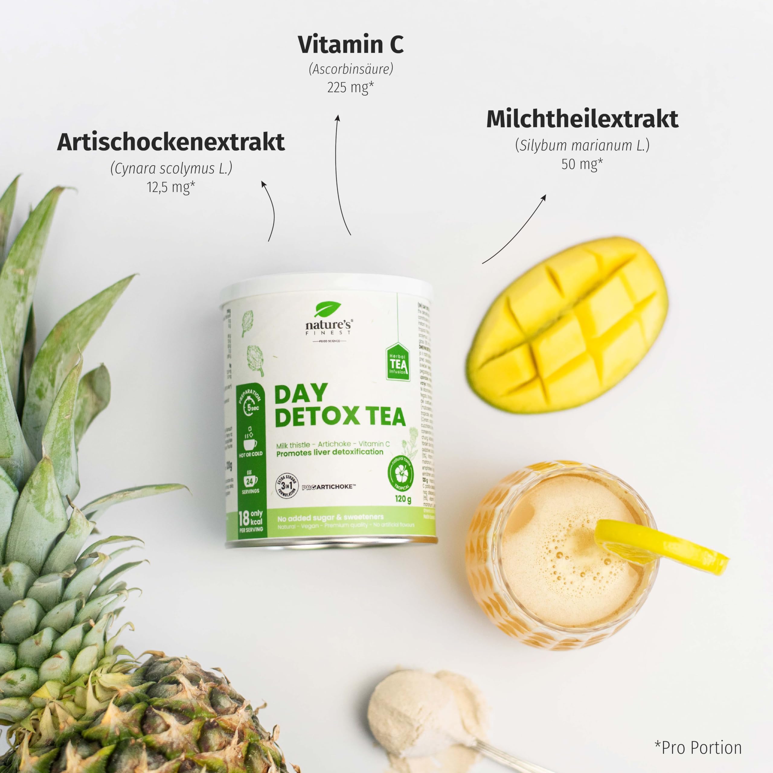 Nature’s Finest Day Detox Tee - Mit Mariendistel, Artischocke & Vitamin C - Stoffwechsel & Leberunterstützung - Reinigungstee zur Entgiftung & Gewichtsregulation - Pulver, 360 g