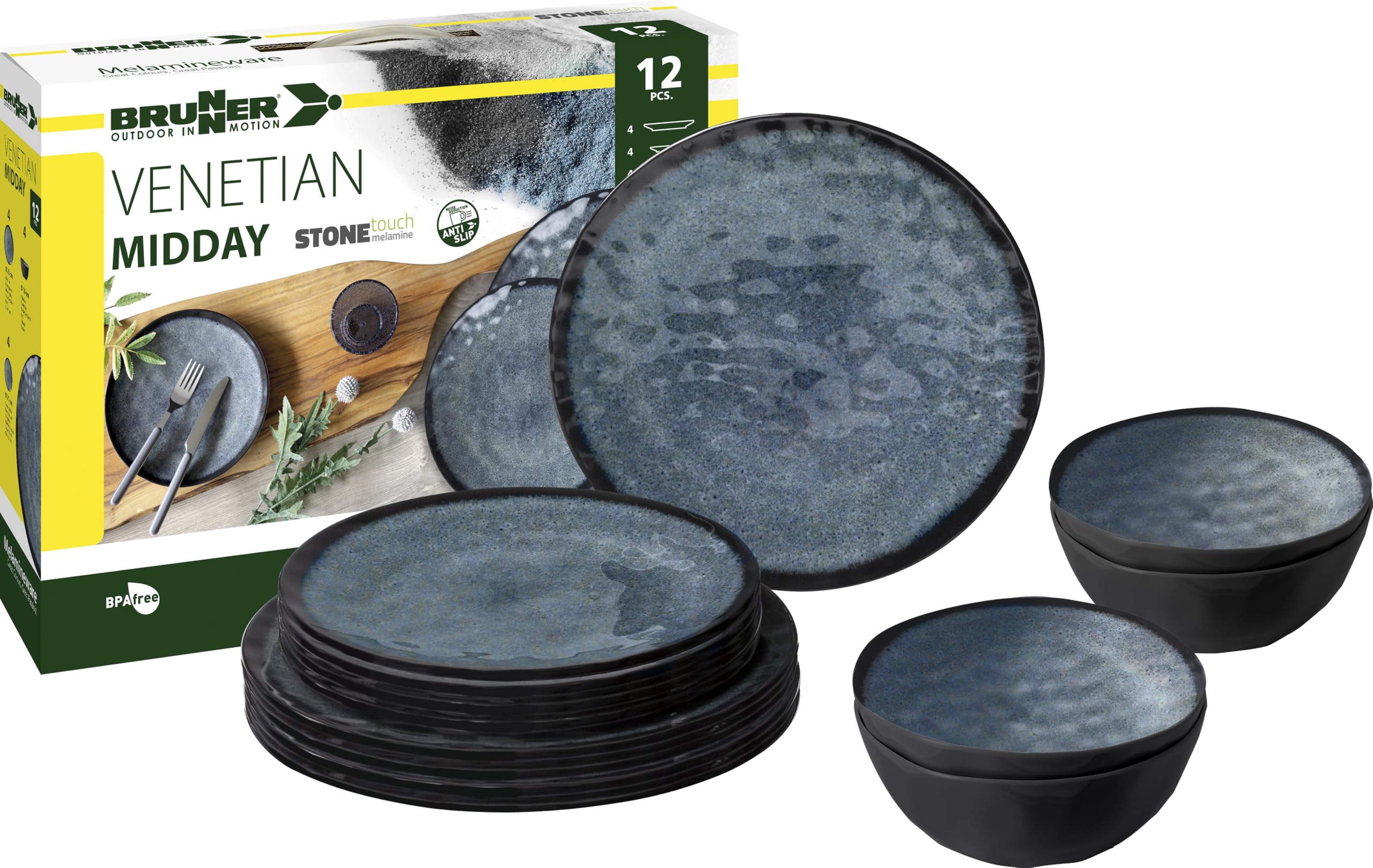 Brunner Stonetouch Melamine Caravan Dinner Set, Anti Slip Outdoor Tableware Set, Lightweight Break Resistant Plates Bowls & Mugs - Camping, Motorhome, Picnic Dining Set (Venetian, 12 Piece Set)