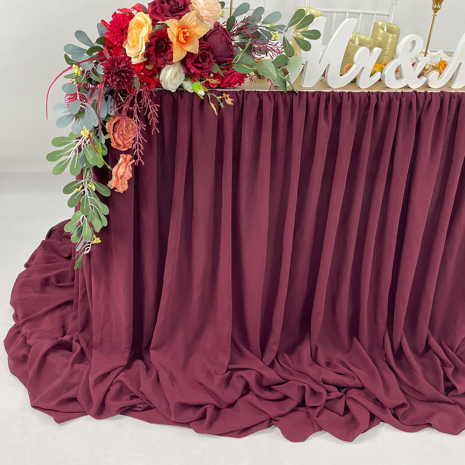 Pooling and Floating Chiffon Table Skirt with extra length, 6FT 9FT 14FT Sheer Tablecloth, Baby Shower, Birthdays Party, Main Cake Table Decoration, Wdding Table Skirt (Burgundy, 9FT)