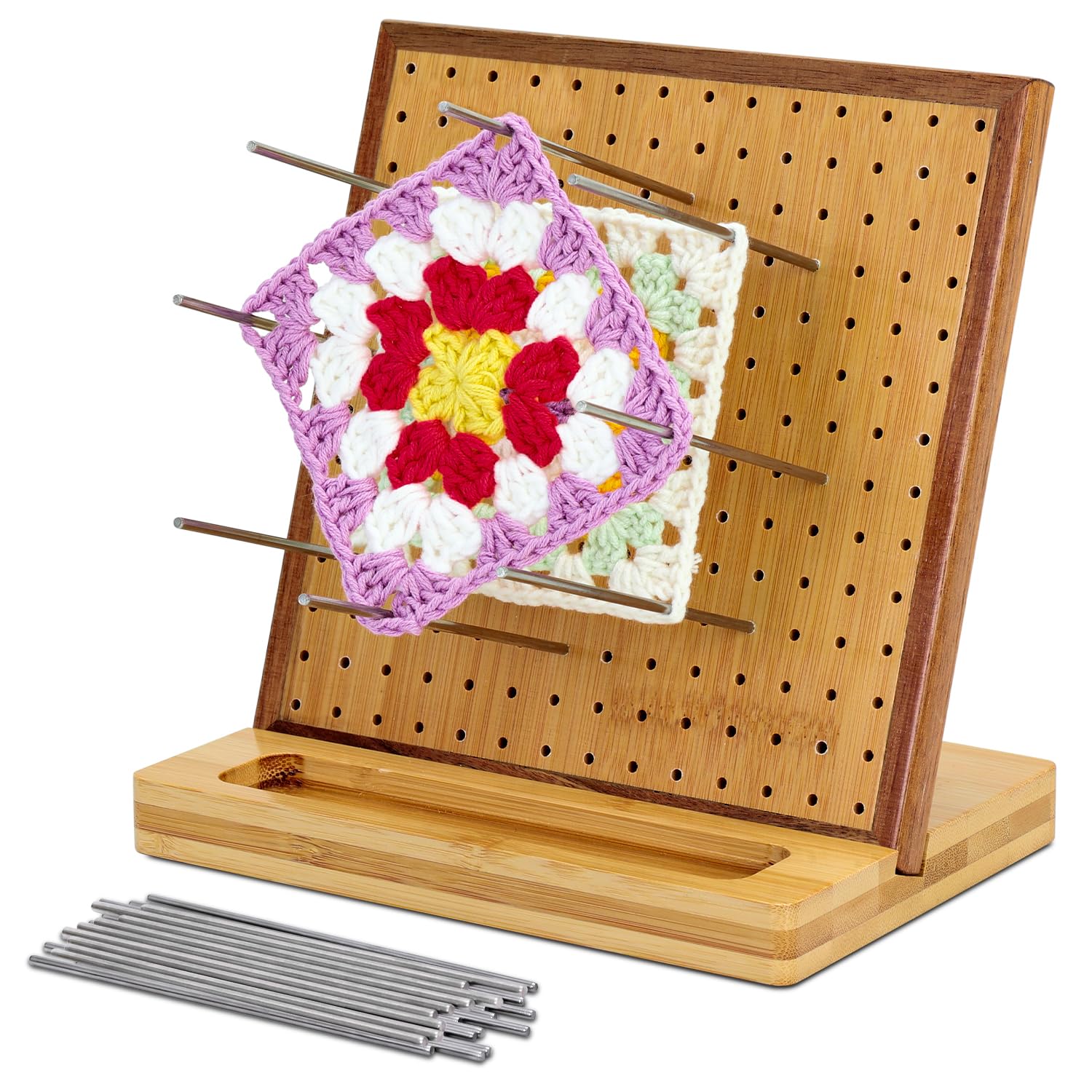 YTHOGTHA 7.8" Crochet Blocking Board with 20 Pins/Pegs, Blocking Board for Crocheting Knitting, Bamboo Granny Square for Crochet Projects, Wooden Crocheting Accessories Gifts for Crocheters