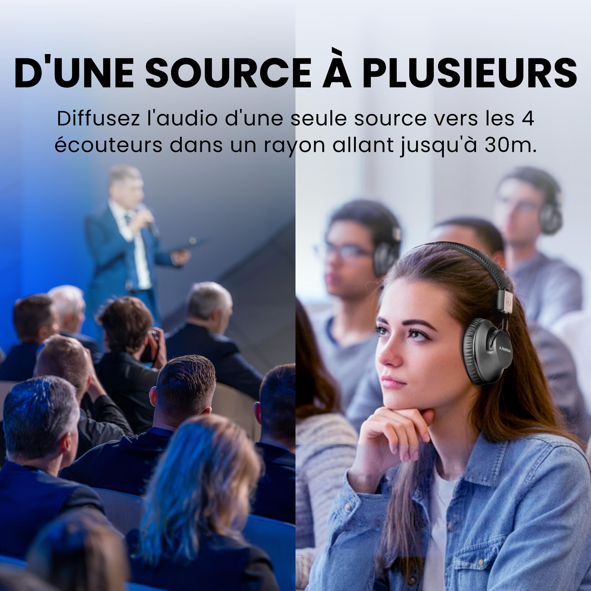 Avantree Quartet 2 - Système de Casque de Groupe sans Fil Compatible Bluetooth pour TV, église, silencieuse, Faible Latence et Voix claires - Connectez Plusieurs écouteurs à Un téléphone, PC, TV