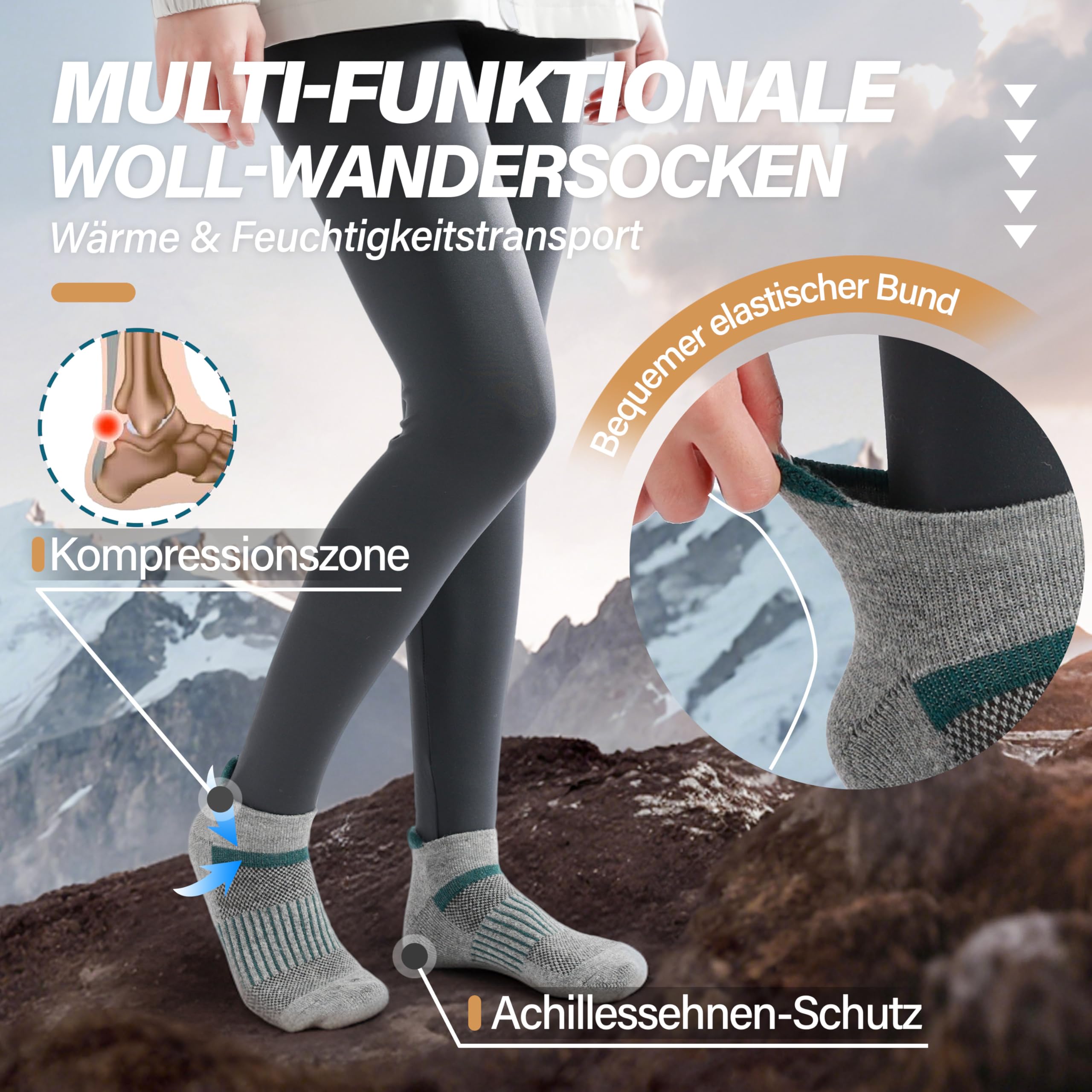 MOSEY KOSY Merino Kurz Wandersocken Sneaker Socken, Warme Wolle Laufsocken, Kompressions Sportsocken Thermosocken Wollsocken für Herren Damen 6 Paar