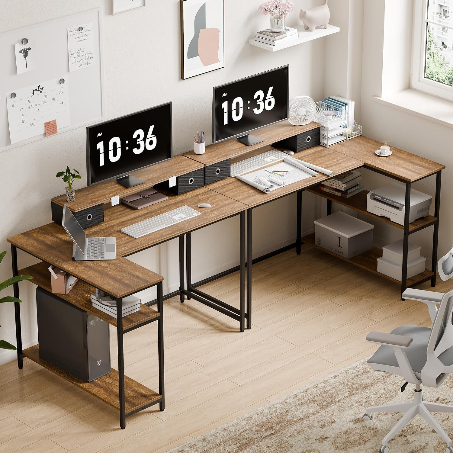 Two configurations of the Mondeer L-Shaped Corner Desk, showing reversible setup