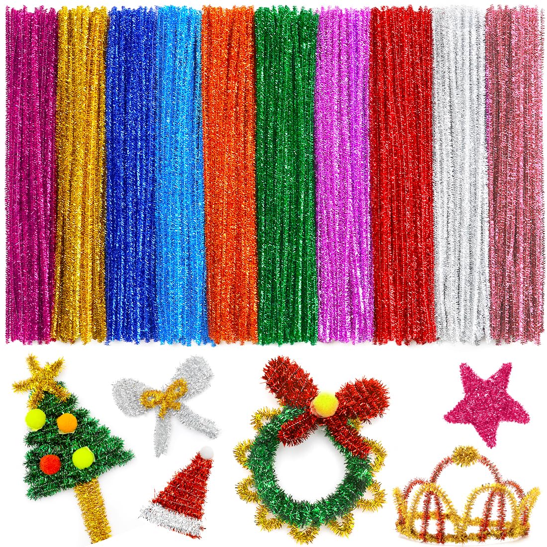 IOOLEEM 200pcs Glitter Pipe Cleaners 10 Colors for Christmas