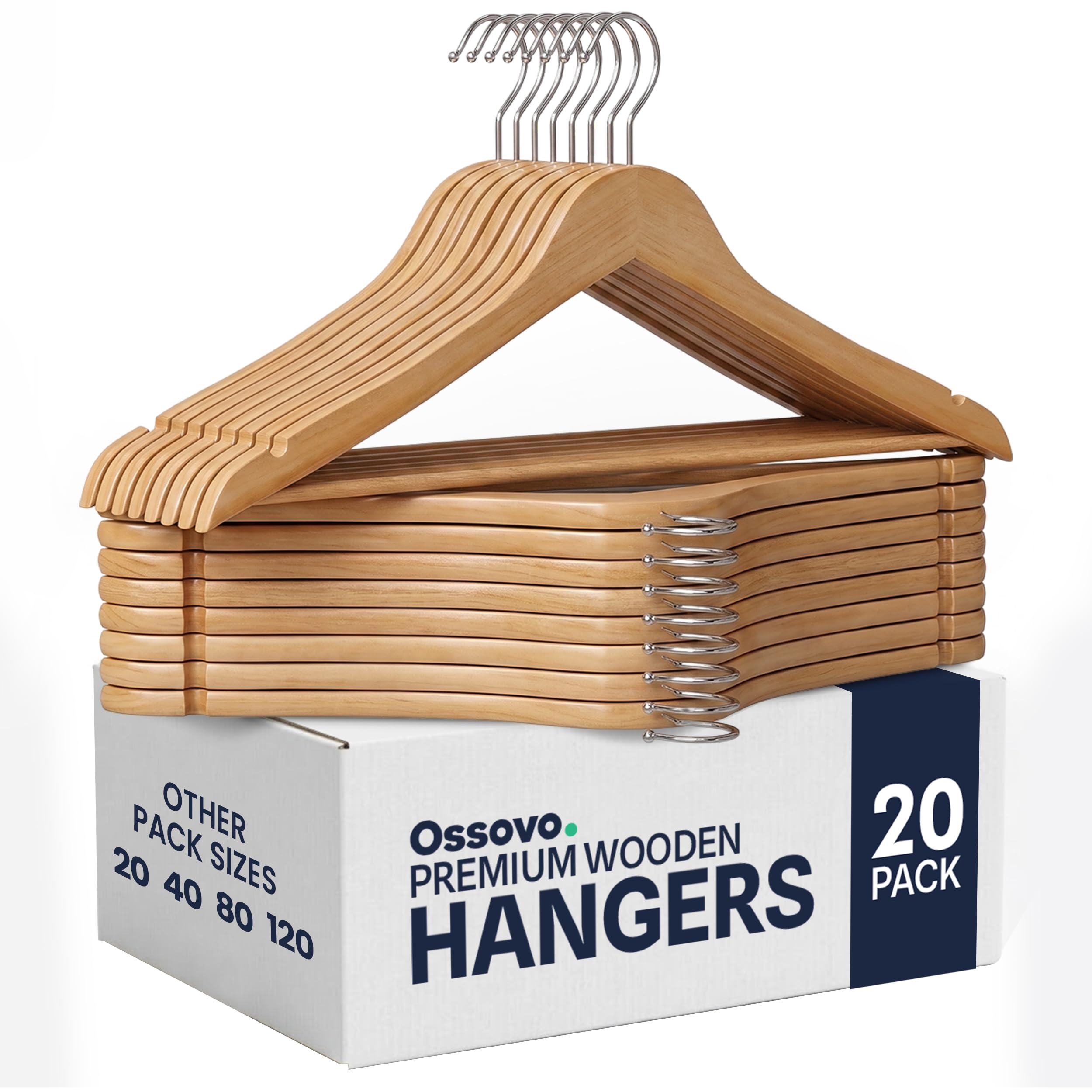 OSSOVO Heavy Duty Natural Wooden Coat Hangers - Pack of 20