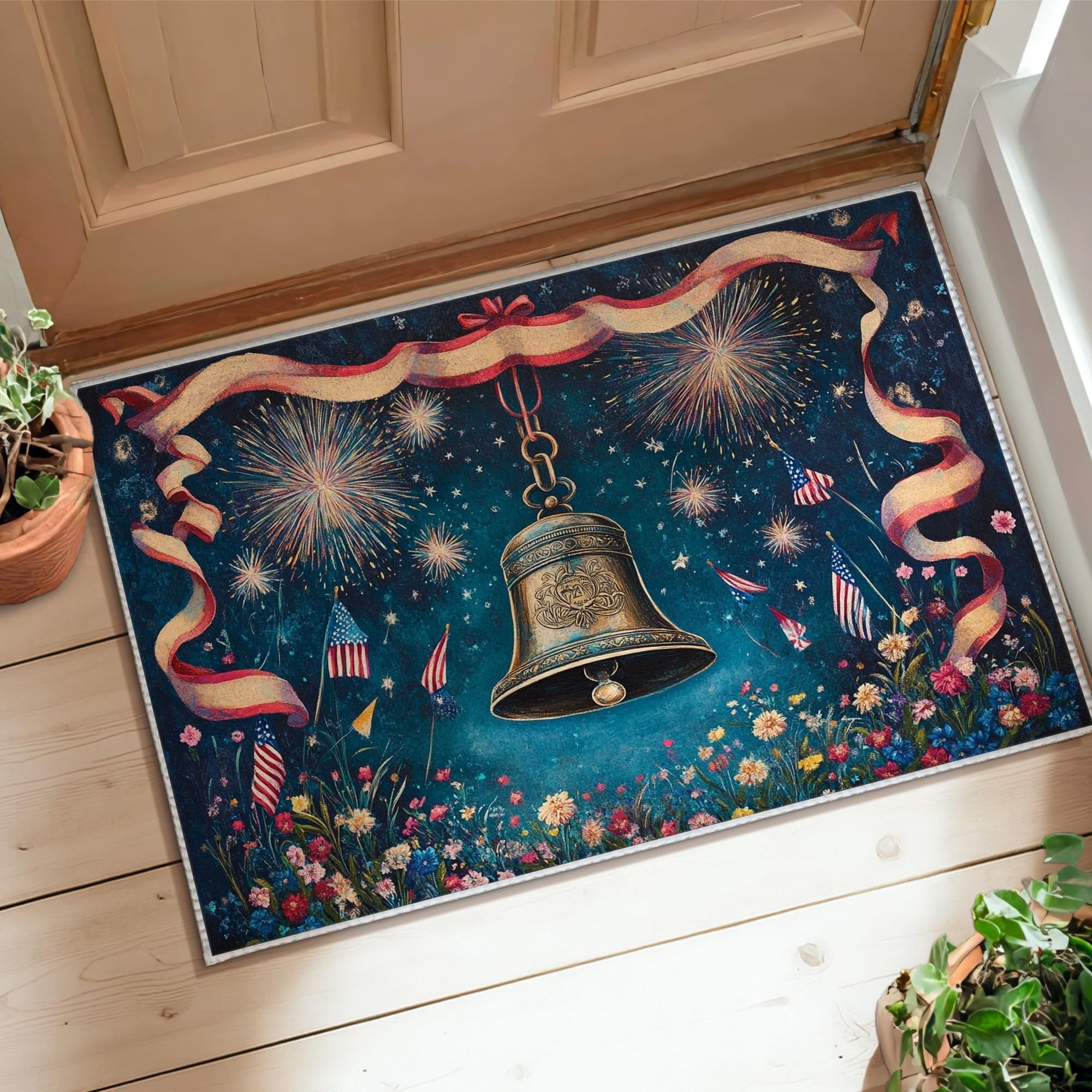 Tapis bleu à poils ras Bell 0,6 x 0,9 m pour fête nationale américaine