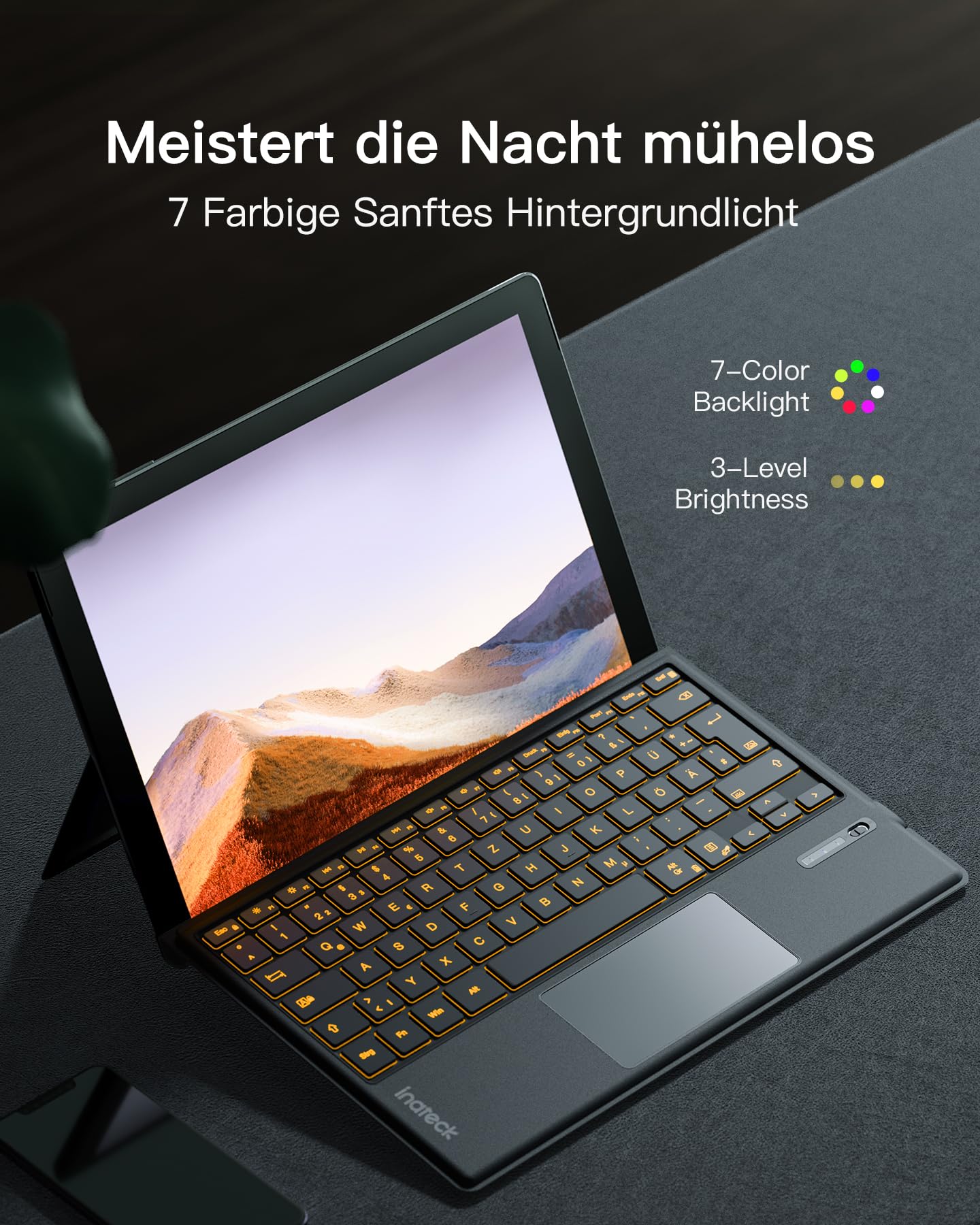 Inateck Surface Pro 7 Tastatur,Kompatibel mit Surface Pro 7/7+/6/5/4 mit Trackpad,Bluetooth 5.3, 7-Farbiger Hintergrund Beleuchtung,QWERTZ,KB02027