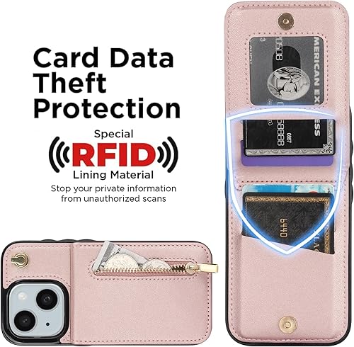 Miniatura 3 de Funda para iPhone 15 con tarjetero y funda protectora de bloqueo RFID para mujer, correa de piel sintética con cordón, bolsillo con cremallera,