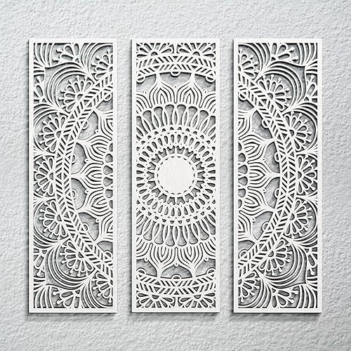 Blulu Juego de 3 piezas de arte de pared de madera tallada con diseño de mandala, diseño floral estético de madera, decoración de casa de campo,