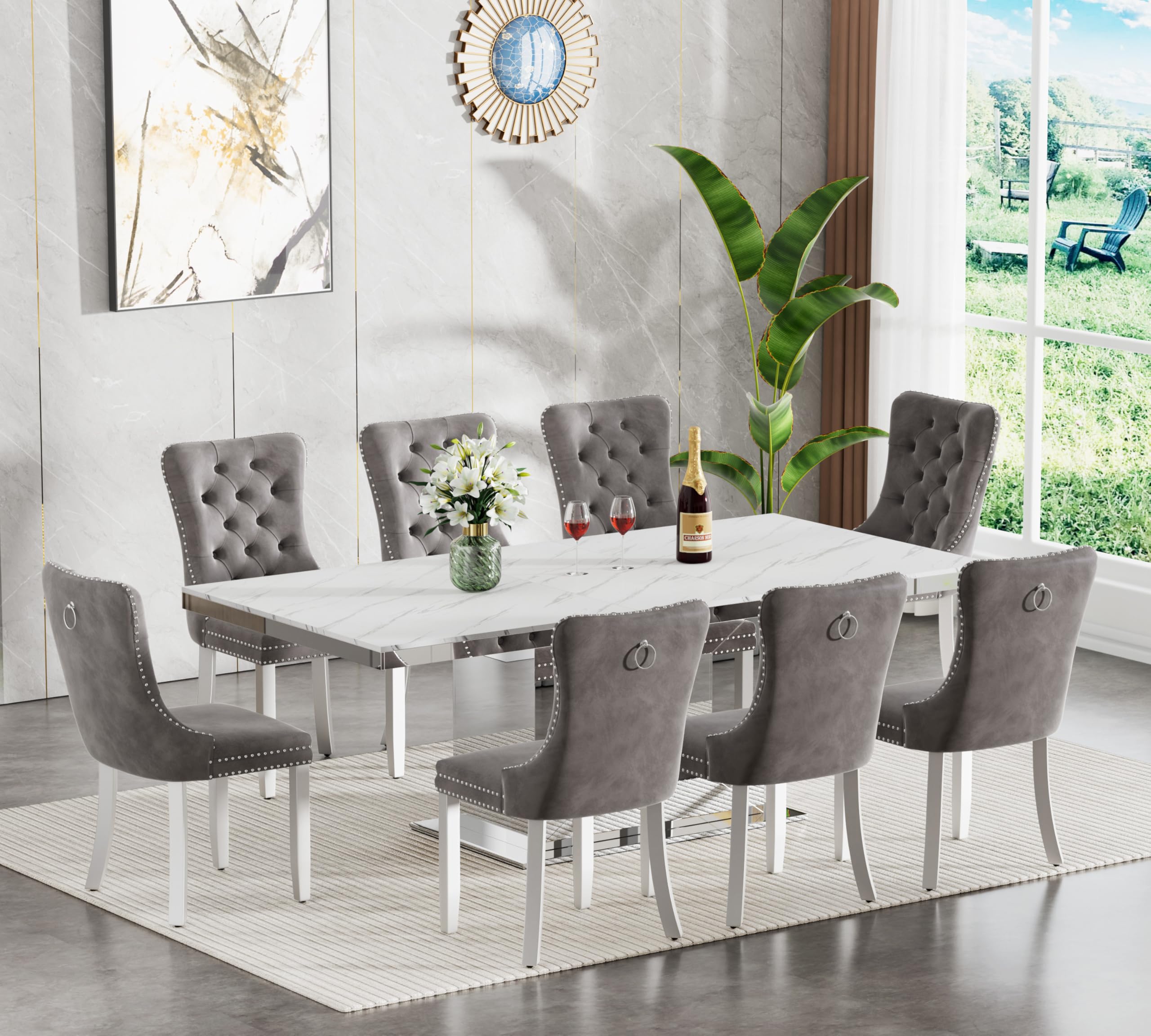 9 Pieces White Faux Marble Extendable Dining Table Set, 63"-94" Rectangular Expanding Kitchen and Dining Room Table Set for 8 with Mirrored Acrylic Base &amp; Grey Velvet Upholstered Chairs