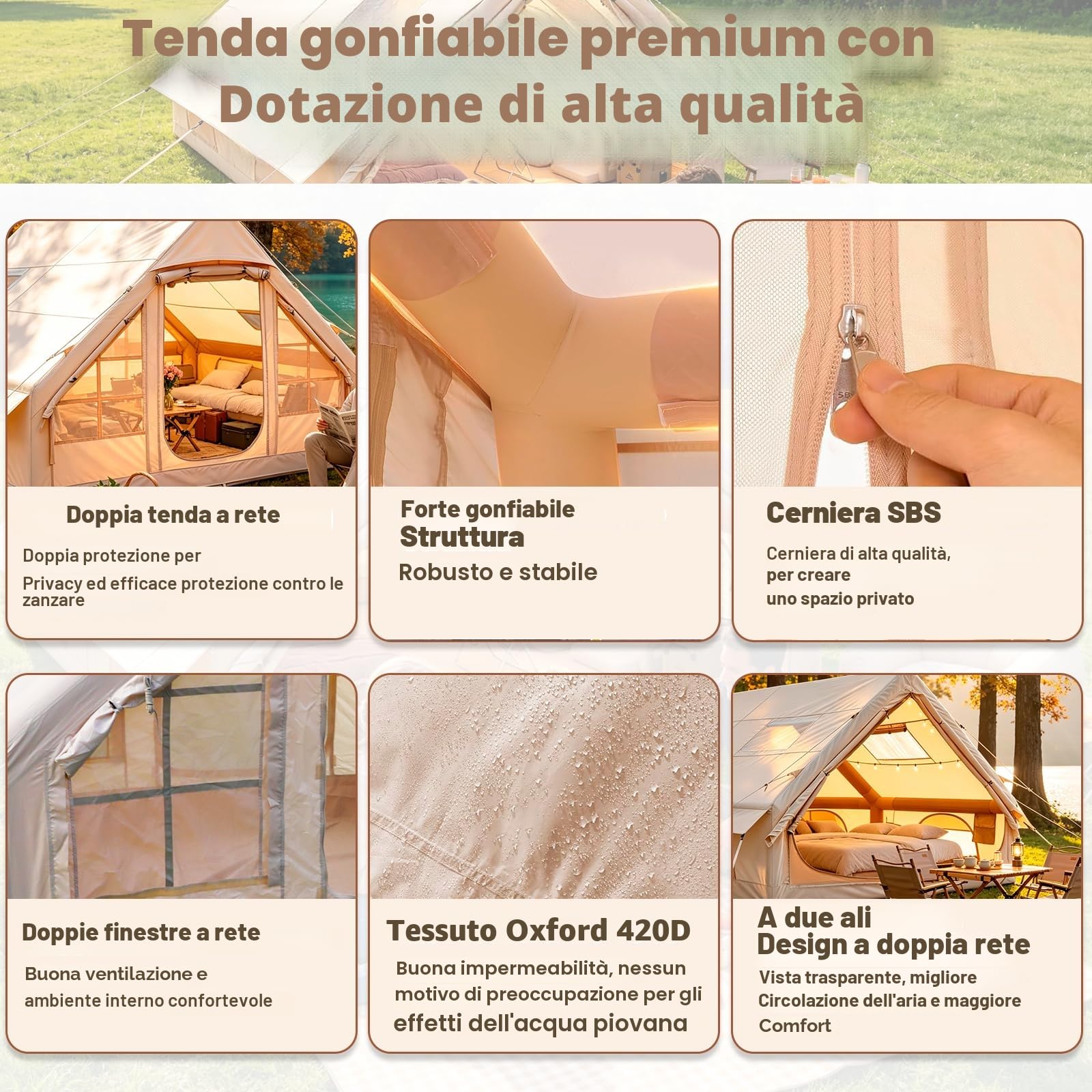 400 x 300 x 210 cm, gonfiabile, con finestra da tetto in PVC, per 4 – 10 p, tenda da esterno con pompa ad aria e finestra a rete, Oxford 420D, impermeabile, 3000 mm e UV50+ per 4 stagioni, 5 minuti