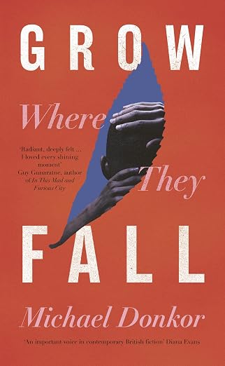 Grow Where They Fall by Michael Donkor book cover with an orange background and a blue feather that shows the back of a Black man's head.