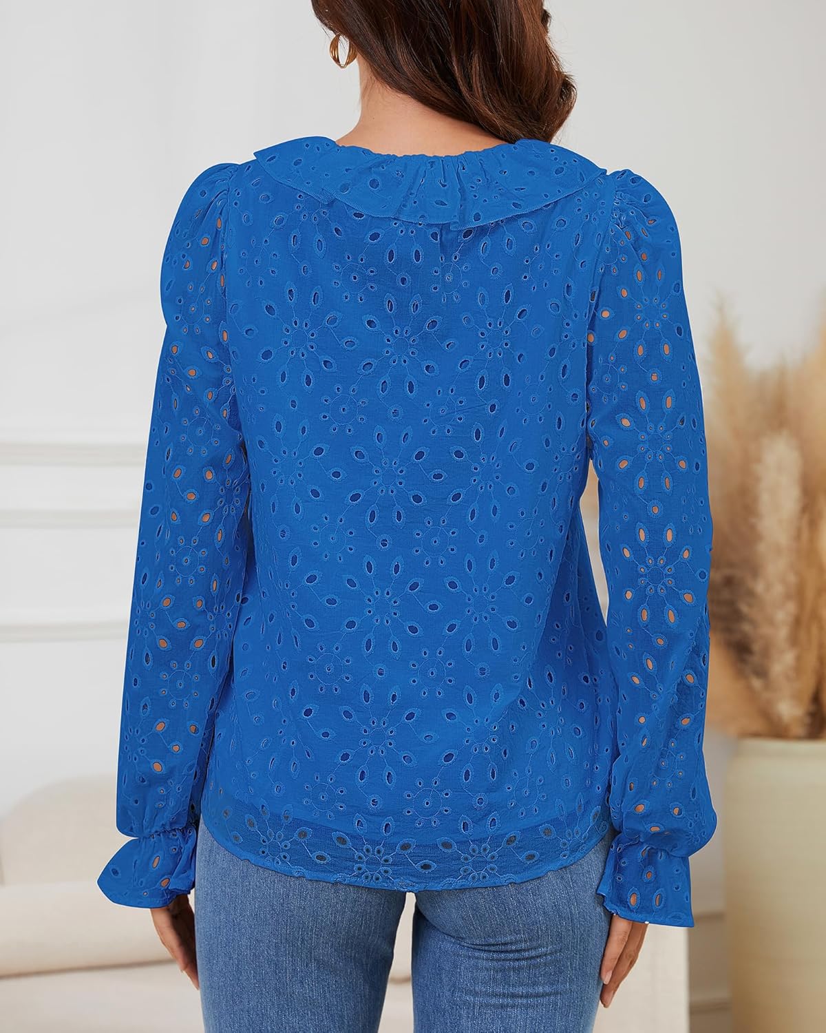 Bsubseach Women Eyelet Tops Puff Long Sleeve Dressy Casual Blouse Ruffle V Neck Lace Embroidered Shirts Fall Outfits - Image 5