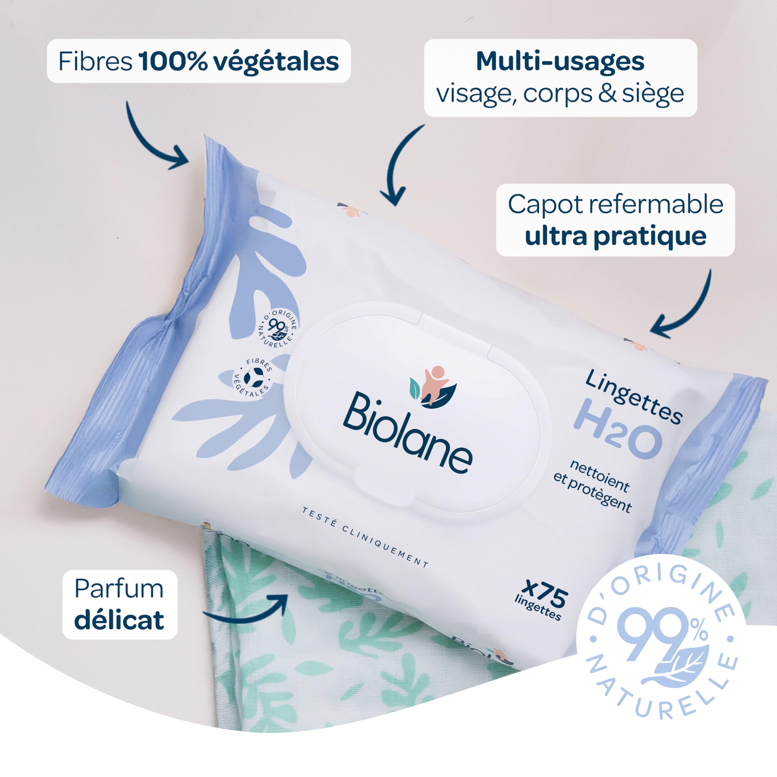 BIOLANE - Lingettes bébé à l'eau - 225 Lingettes - Lot de 3x75 - Nettoyage doux et efficace - Sans Rinçage - Dès la naissance - 3