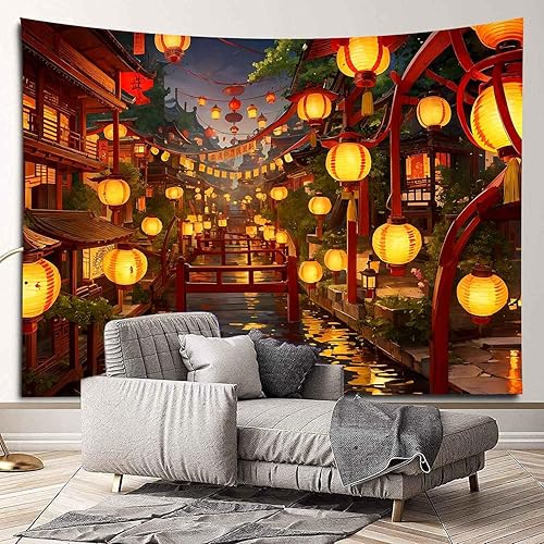 Miniatura 5 de NTERC Tapiz de anime japonés, farol, festival, calle Riverway, para colgar en la pared, manta de pared de paisaje nocturno de ciudad, 93 x 71