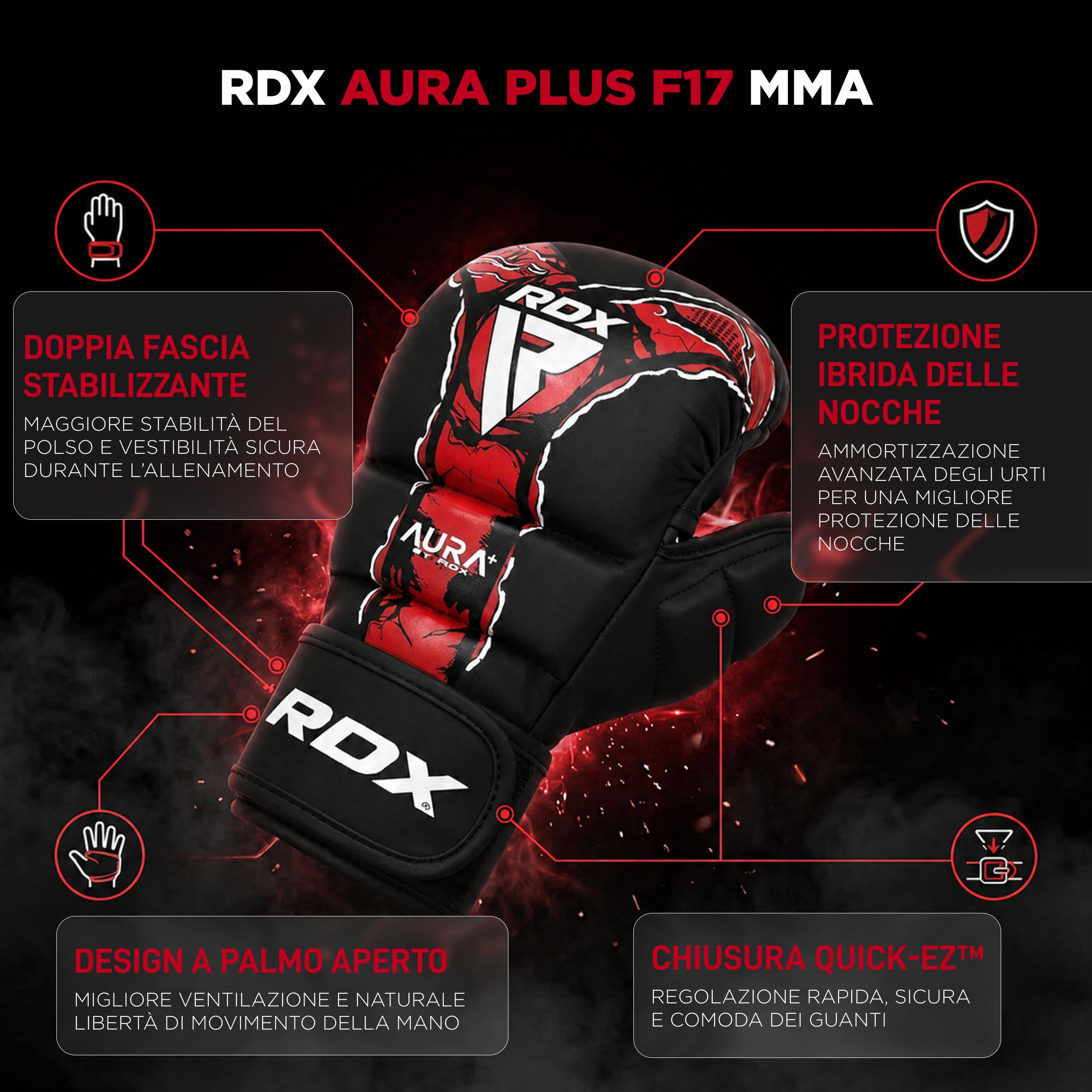 RDX New Aura Plus F17 Guanti da Grappling per Uomo e Donna, Guanti MMA a Palmo Aperto, Guanti da Allenamento per Presa, Sparring e Lotta a Terra, Imbottitura Ammortizzante, MMA Gloves