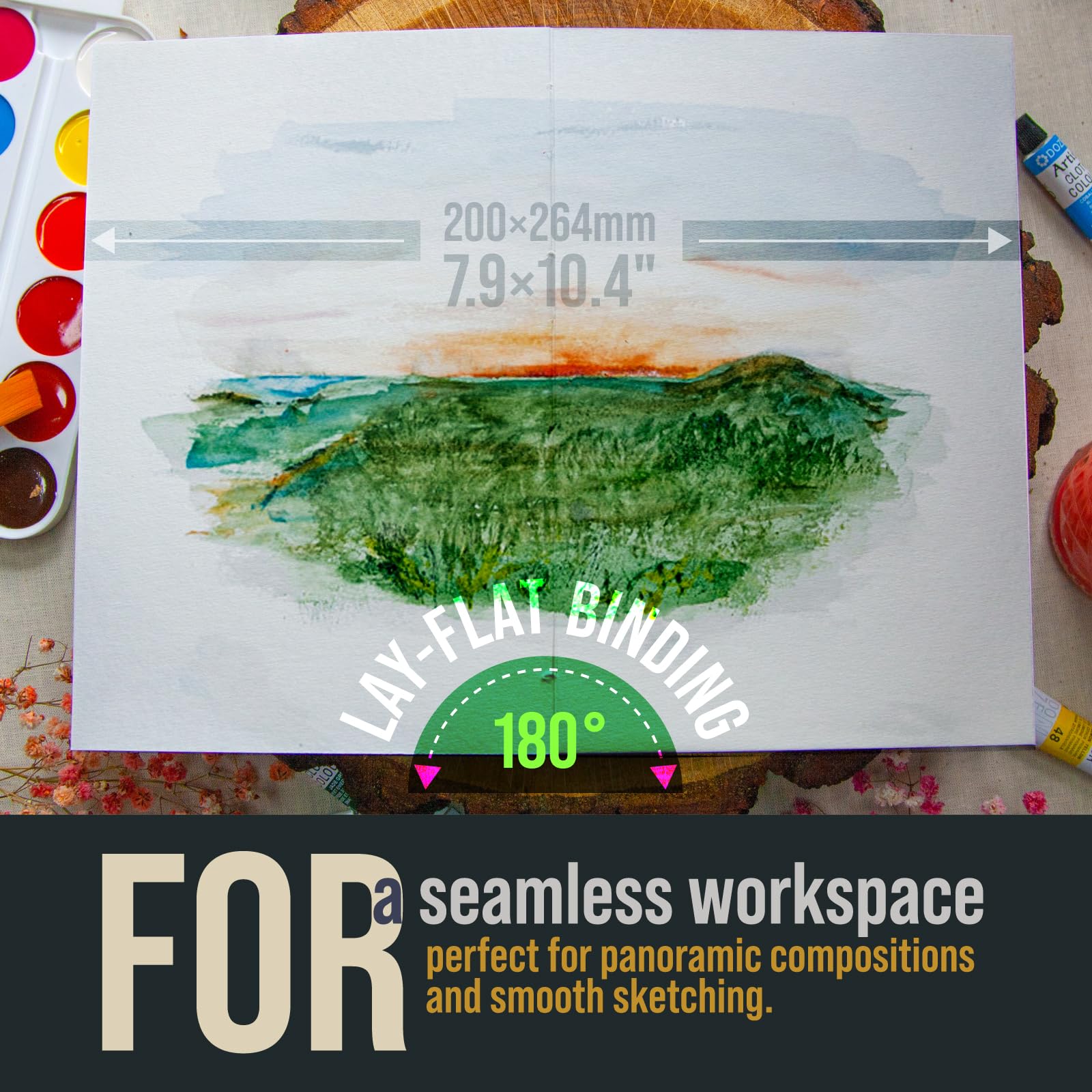 Kompaktowy szkicownik akwarelowy – 100% papier bawełniany, 250 g/m², 80 stron, 200 × 132 mm (7,9 × 5,5 cm) – płaski, wodoodporny pokrowiec nanokraftowy – idealny dla artystów, gwaszu, atramentu i