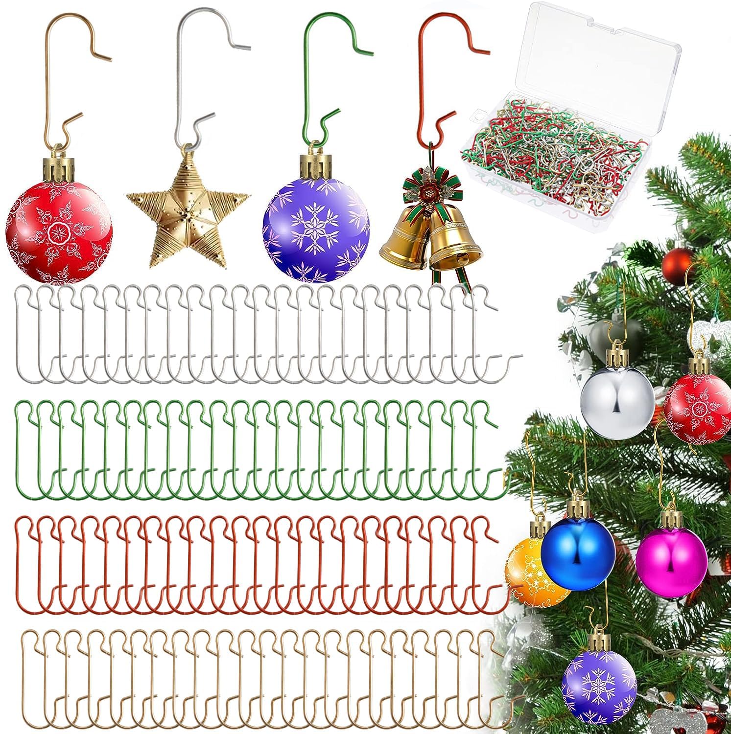 YOUWE7Christmas Ornament Hooks, Bulk 3 cm Metal Xmas Tree Ornament Hangers, C Shaped Ornament Hooks with Storage Box for Christmas Tree Ornaments Hanging Decorations,200PCS