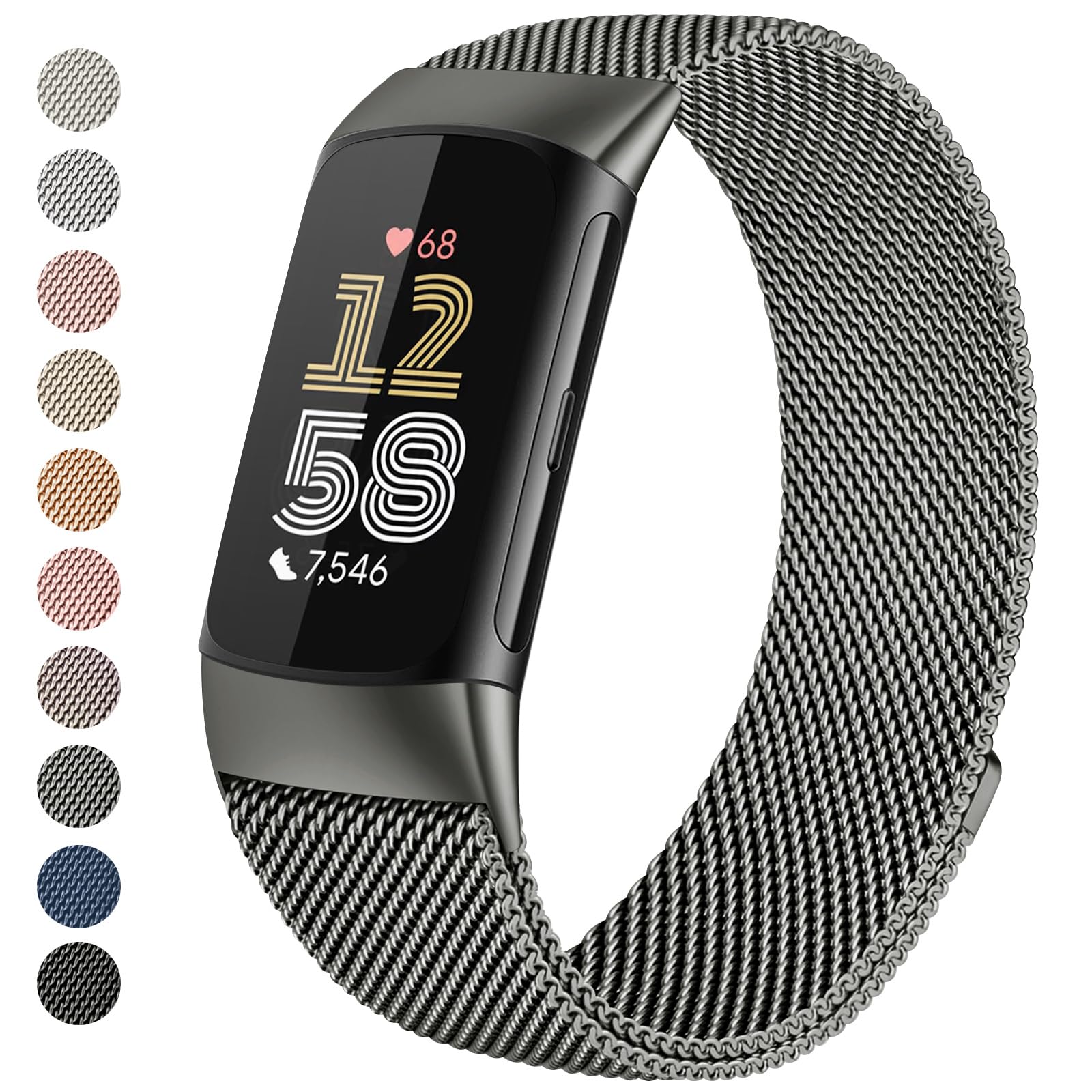 Zoye Metal Strap Compatible with Fitbit Charge 6 Strap for Women Men Adjustable Stainless Steel Mesh Loop Replacement band with Magnetic clasp for Fitbit Charge 6 (Space Gray)
