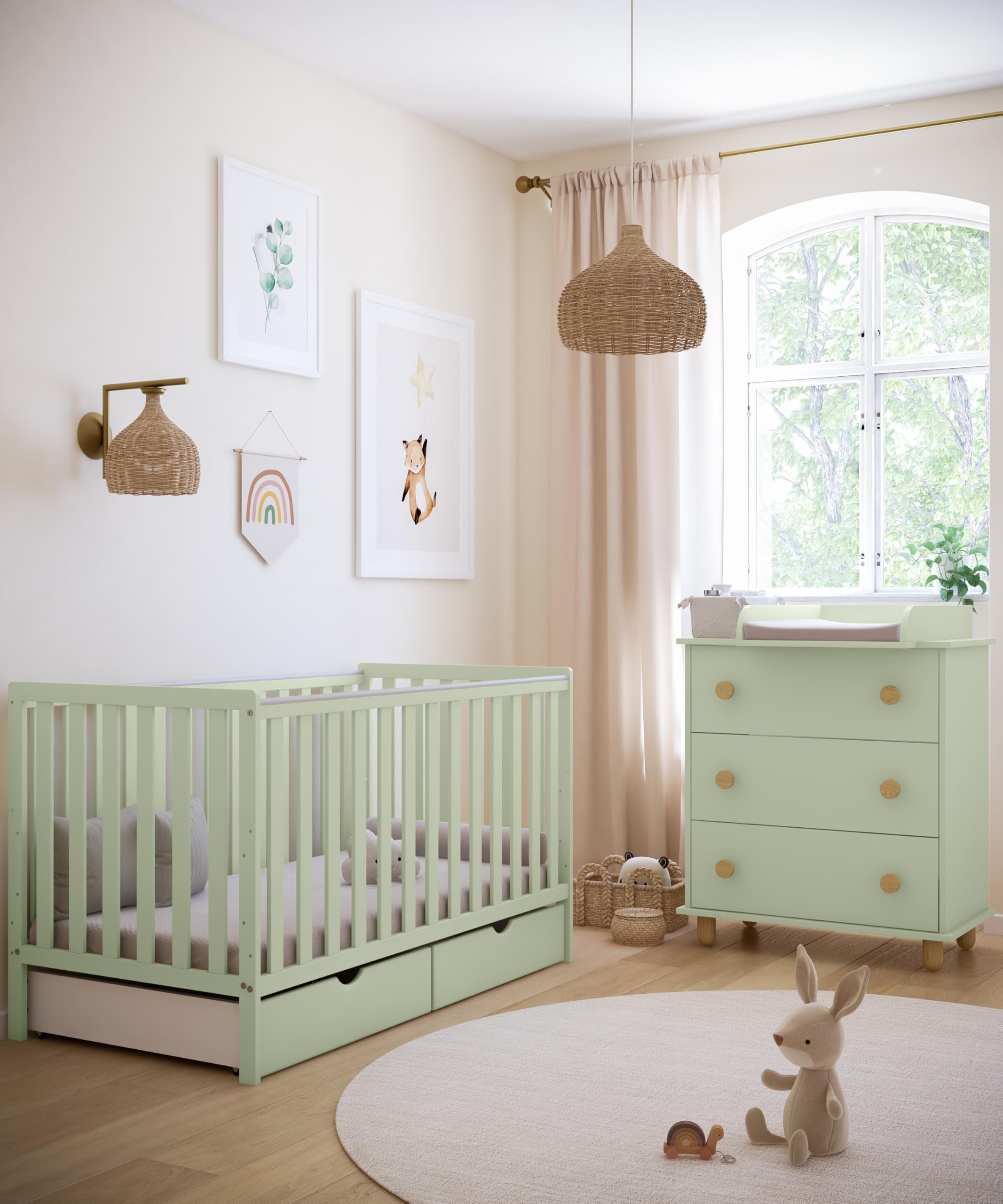 zee Cuna Bebé 140x70 cm Bambi 2 en 1 Convertible en Cama Infantil Verde Menta con 2 Cajones Protección Mordida Ajustable 3 Alturas Cuna Madera