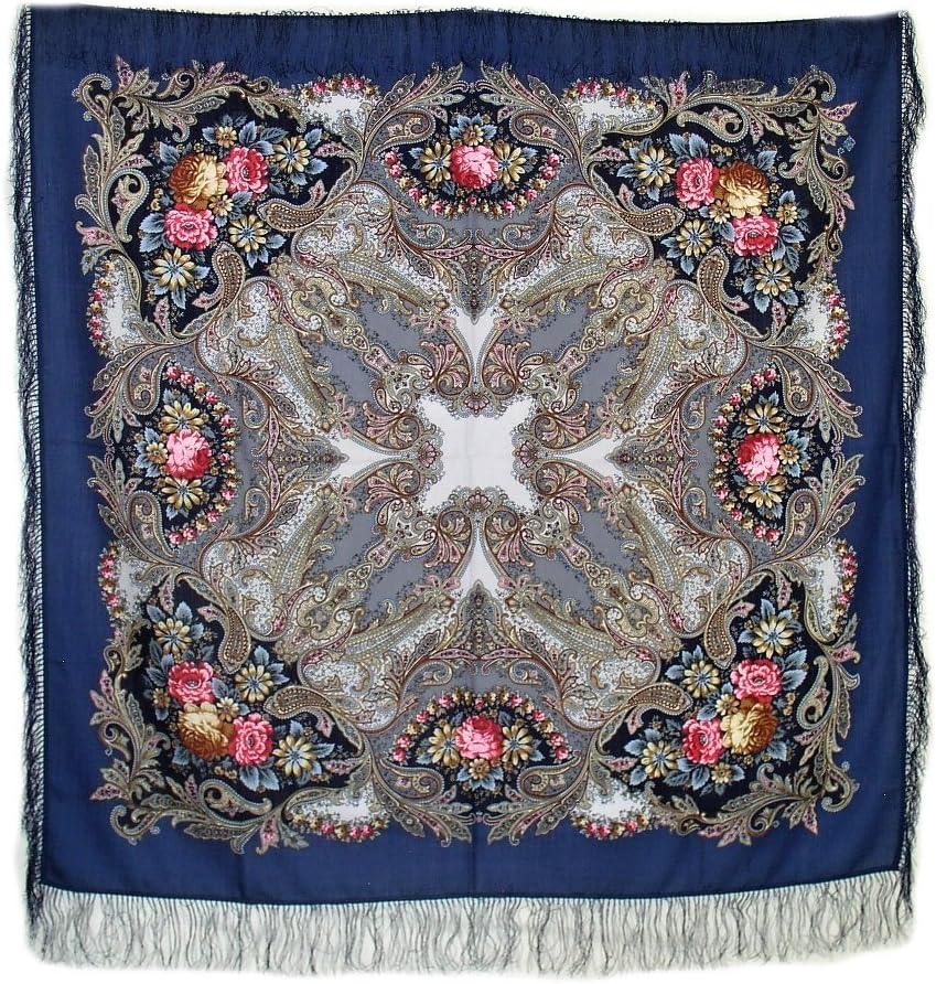 Pavlovo Posad Wool Shawl for Women with Silk Fringe 50x50'' (125x125 cm) 100% Wool Scarf for Women, Wrap, Fashion Scarves (Butterfly Dream Blue)
