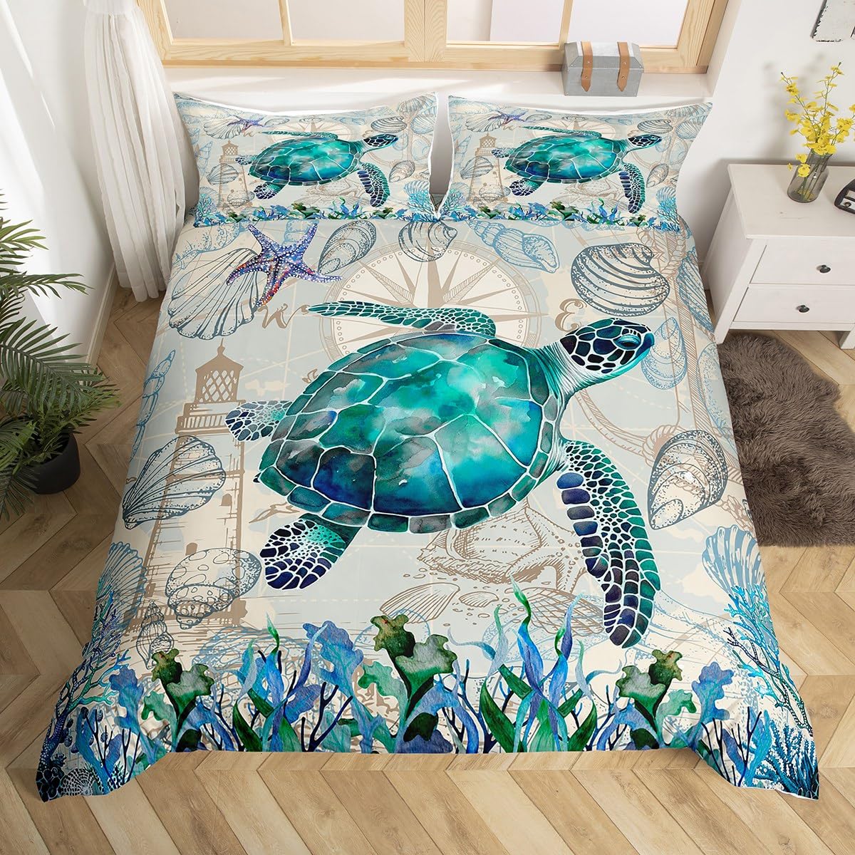 Homemissing Sea Turtle Bedding Set Under Sea Animals Themed Duvet Cover for Kids Boys Girls Shells and Corals Comforter Cover Watercolor Green and Brown Bedspread Cover Room 3Pcs Double Size,Zipper