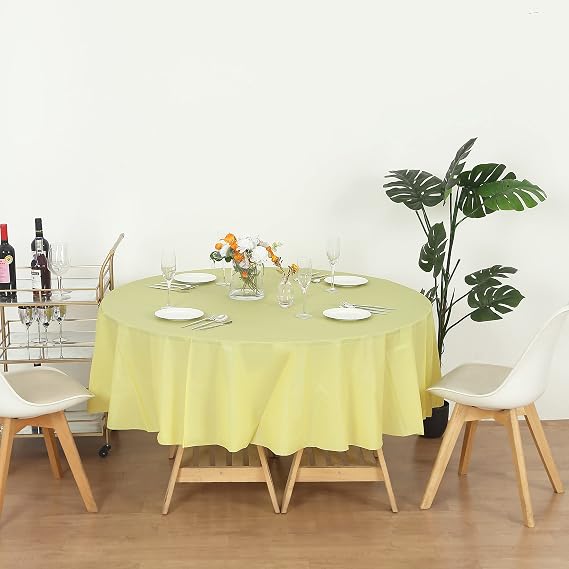 (4-Pack) Yellow (Round) Plastic Table Covers 84D Tablecloth (Reusable)