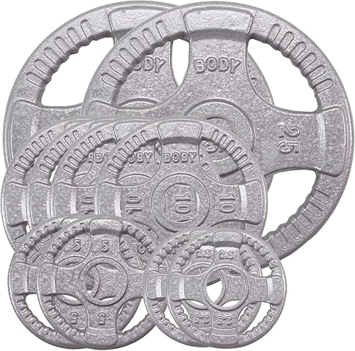 Body-Solid Juego de discos olímpicos de hierro fundido con diseño de agarre cuádruple, pesas libres, placas de mancuernas, agujero estándar de 2