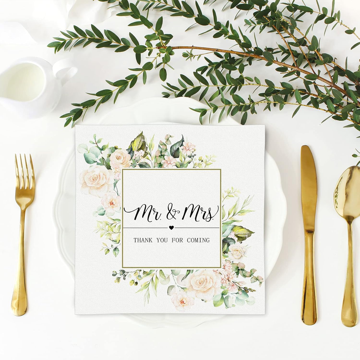 AnyDesign 100Pcs Wedding Paper Napkins Mr Mrs Disposable Napkins Watercolor Rose Floral Dessert Dinner Hand Napkin for Wedding Bridal Shower Party Supplies Decoration