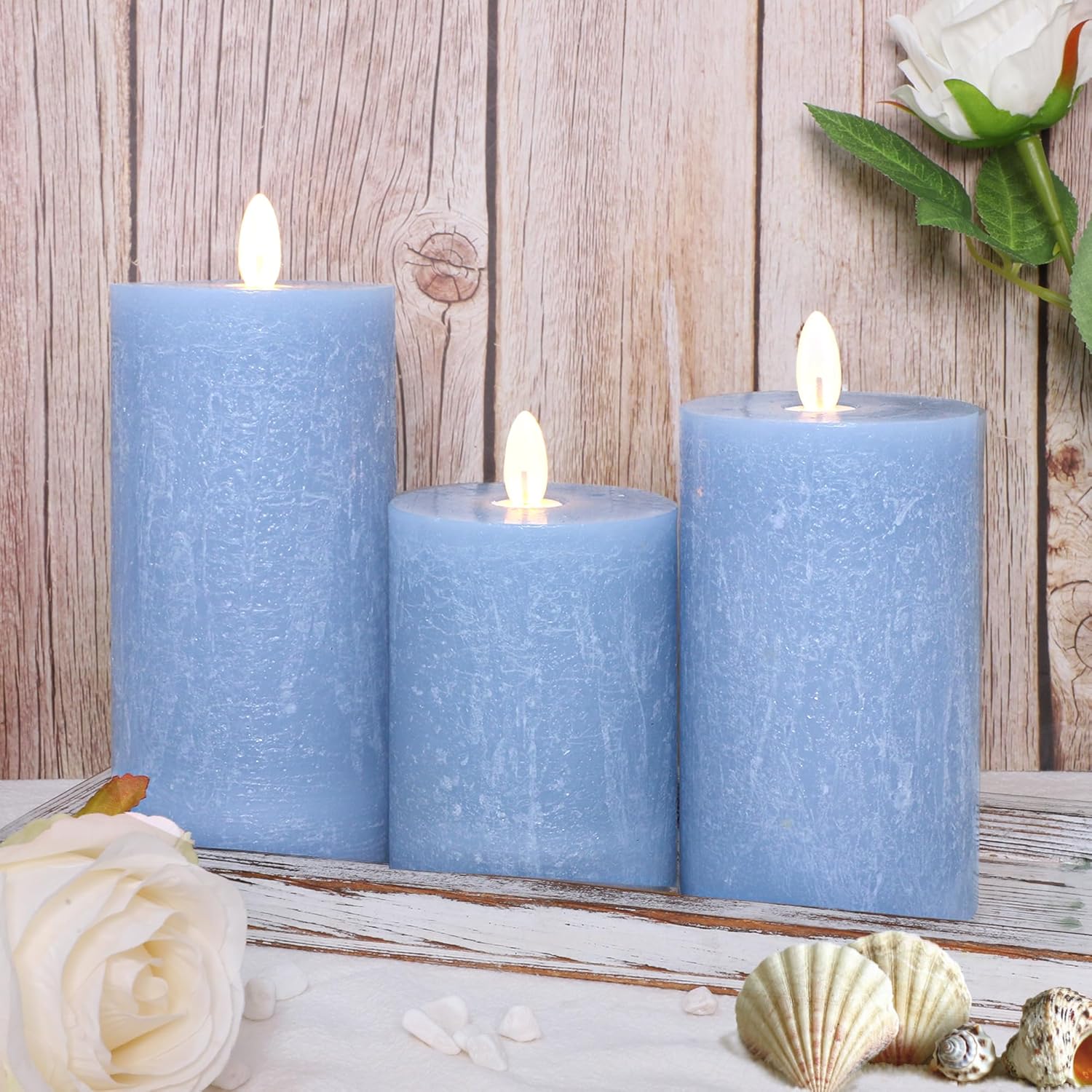 Seaglass Battery Flameless LED Candle, Silver Blue Flickering Pillar Timer, Remote Control, Unscented Real Wax