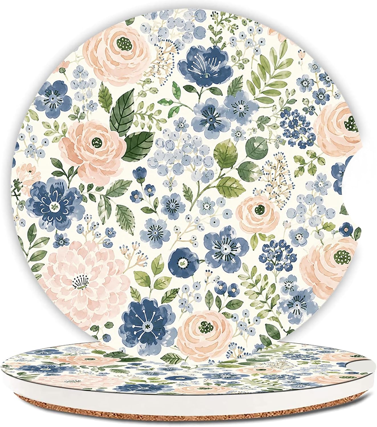 2 Pcs Cute Beautiful Blue Blush Floral Ceramic Car Coasters for Cup Holders