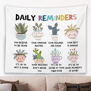 MNOSAIOO Mental Health Floral Wall Tapestry Hanging for Classroom Kids, Daily Reminders Tapestry, Inspirational Cute Cacti Tapestries Wall Decor for Bedroom Therapy Office School Counselor 60x50 inch