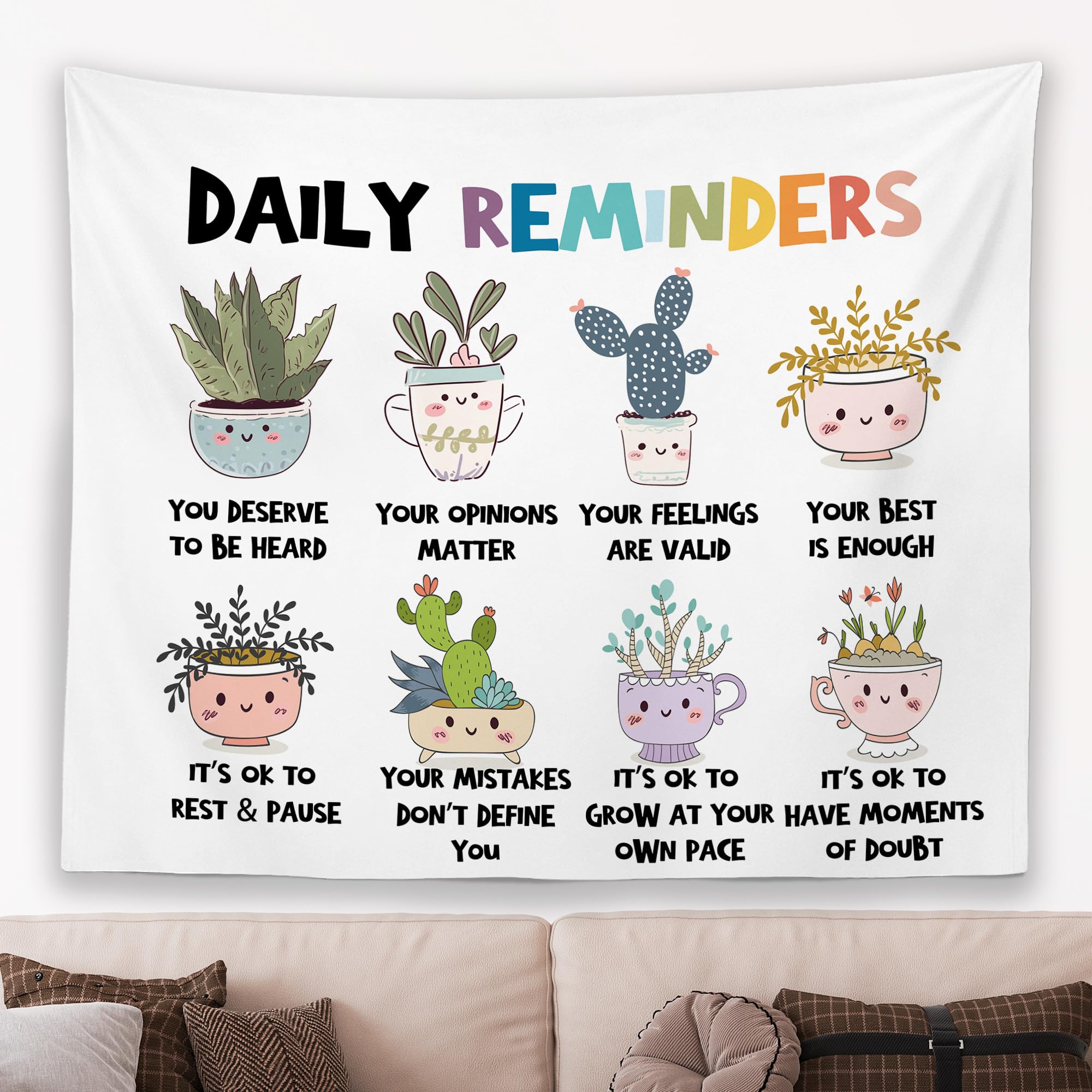 MNOSAIOO Mental Health Floral Wall Tapestry Hanging for Classroom Kids, Daily Reminders Tapestry, Inspirational Cute Cacti Tapestries Wall Decor for