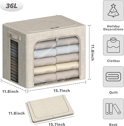 Miniatura 4 de Paquete de 4 contenedores de almacenamiento de ropa con marco de metal, caja de almacenamiento apilable de 36 litros con tapa, organizador de