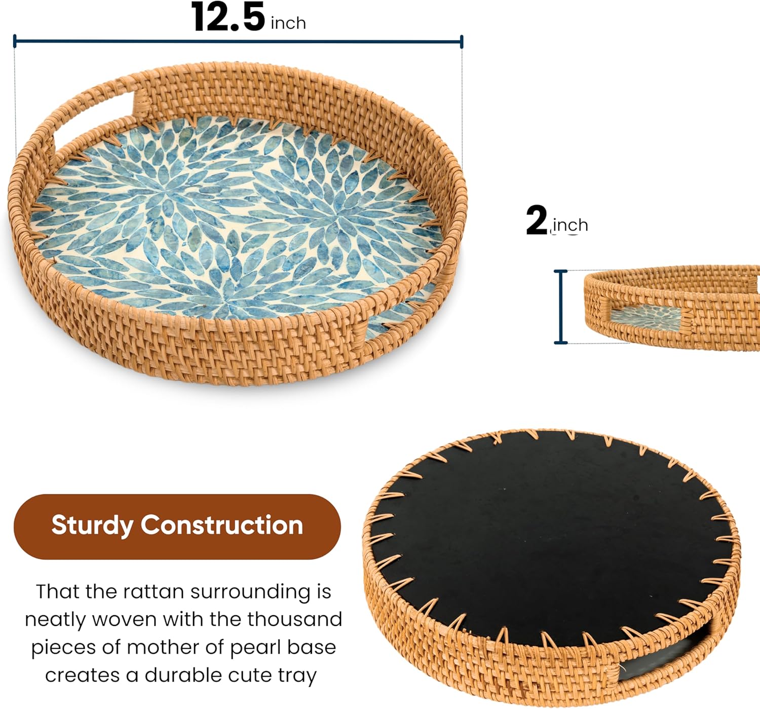 KOLWOVEN Round Rattan Tray with Handle, Rattan Serving Tray with Mother of Pearl Inlay Wooden Base, Decorative Wicker Basket for Table Decor (Blue Flower)