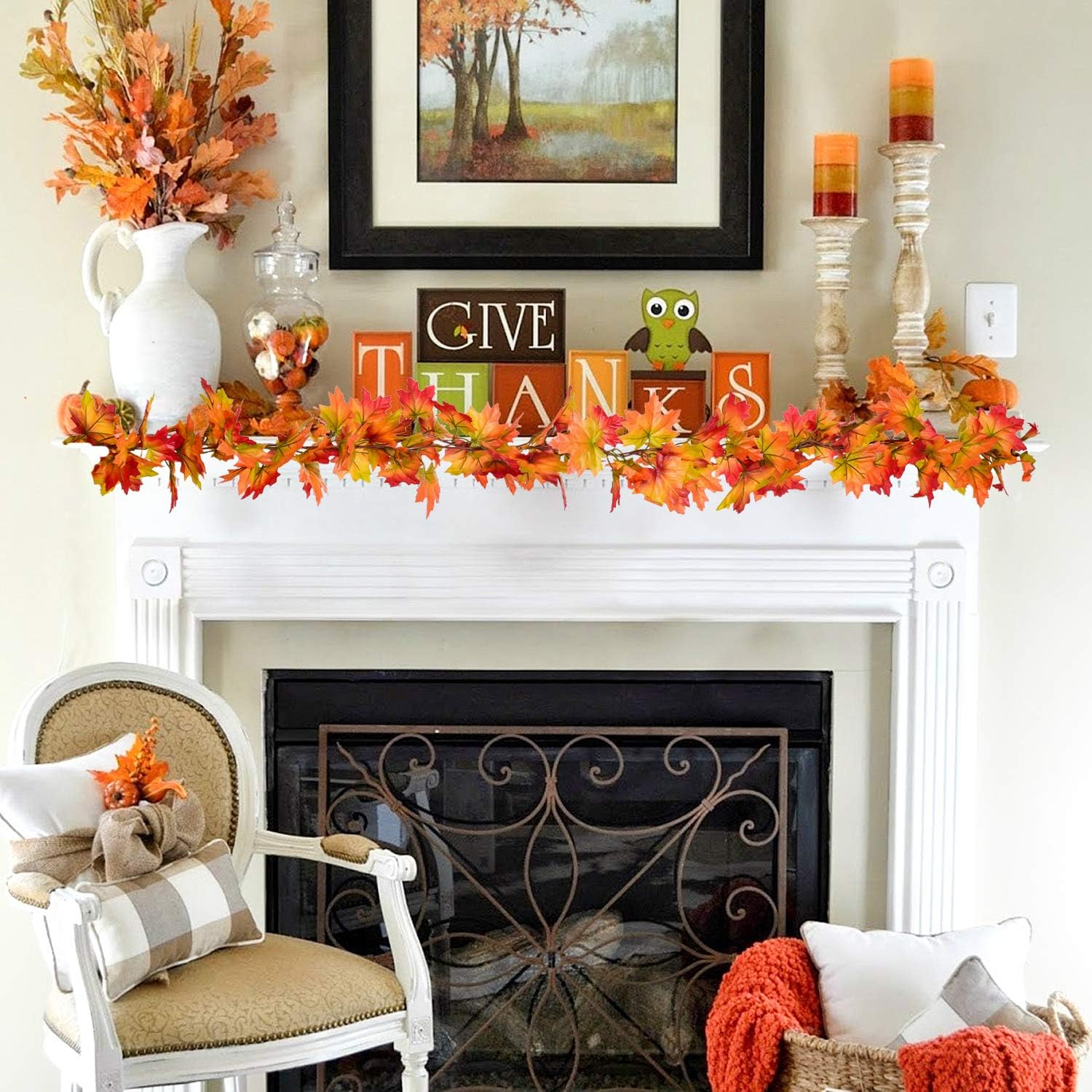Artiflr 2 Pack Fall Garland Maple Leaf, 5.5Ft/Piece Hanging Vine Garland Artificial Autumn Foliage Garland Thanksgiving Decor for Home Wedding Fireplace Party Christmas