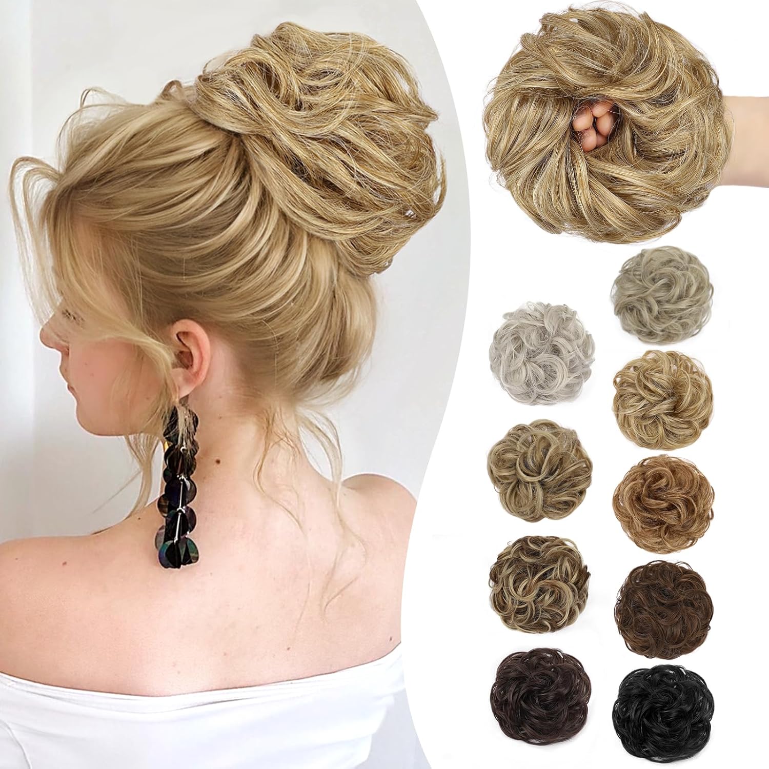 HMD Messy Bun Hair Piece Hair Bun Hair Piece for Women Wavy Curly Scrunchies Elastic Synthetic Chignon Ponytail Hair Extensions Tousled Updo Hairpieces for Daily Use (27/613)