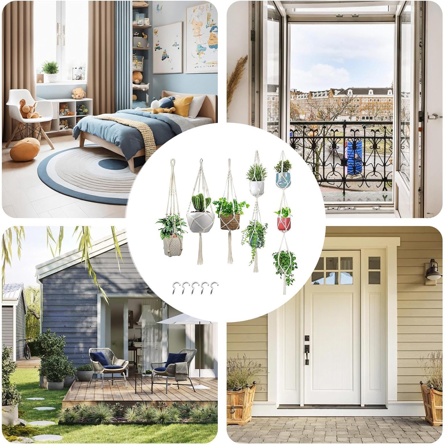 Macrame Plant Hanger, 5 Pieces Boho Macrame, Different Sizes Plant Hangers, Indoor Outdoor Plants Display Decor for Succulents Pothos Ivy Ceiling Wall Hook Shelf Rod Balcony Railing Bedroom