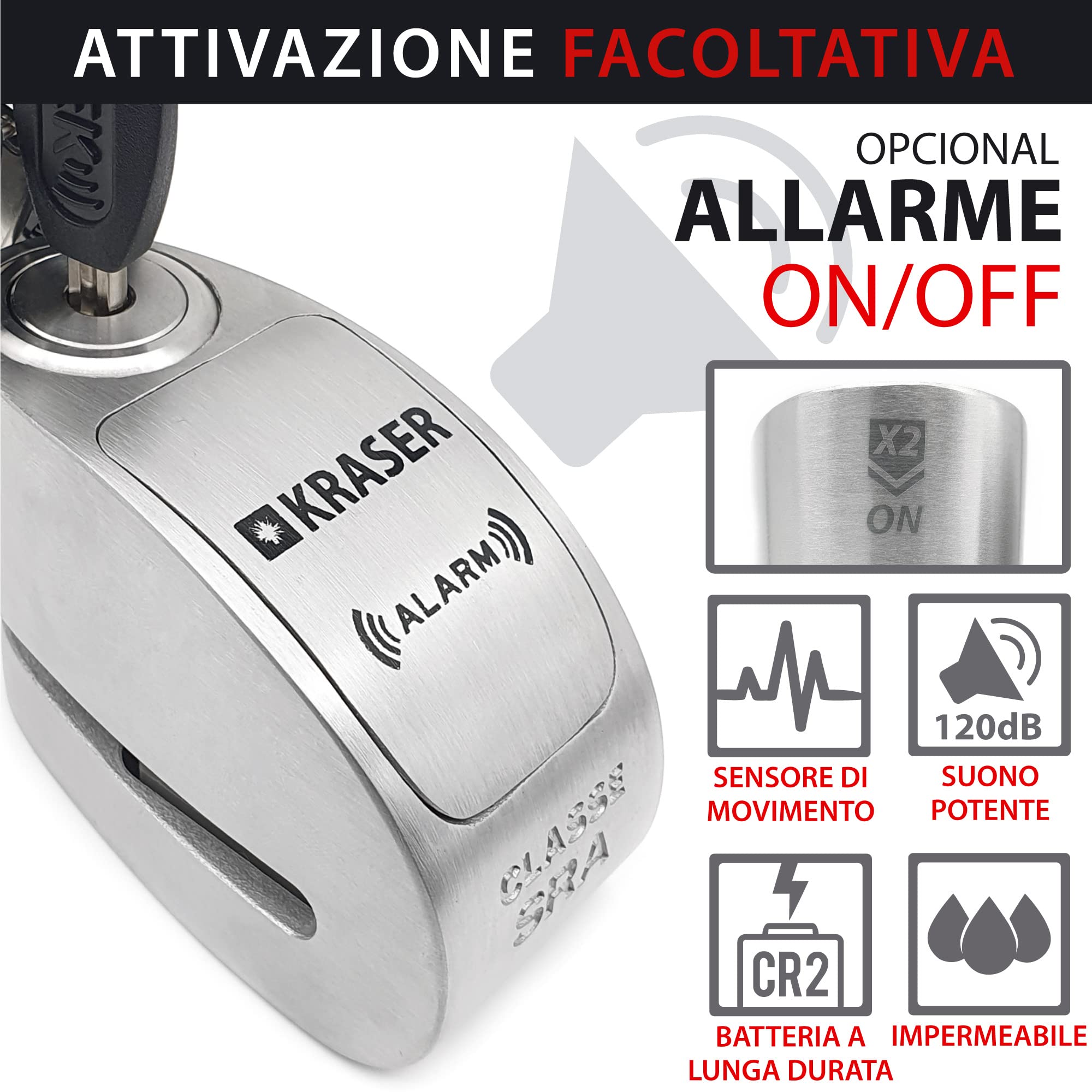 KRASER KR14S Bloccadisco Moto con Allarme 120dB, Omologato SRA, Doppia Fermatura ø14mm, Alta Sicurezza Antistrappo, Impermeabile, Filo Promemoria, Lucchetto Antifurto Moto Blocca Disco
