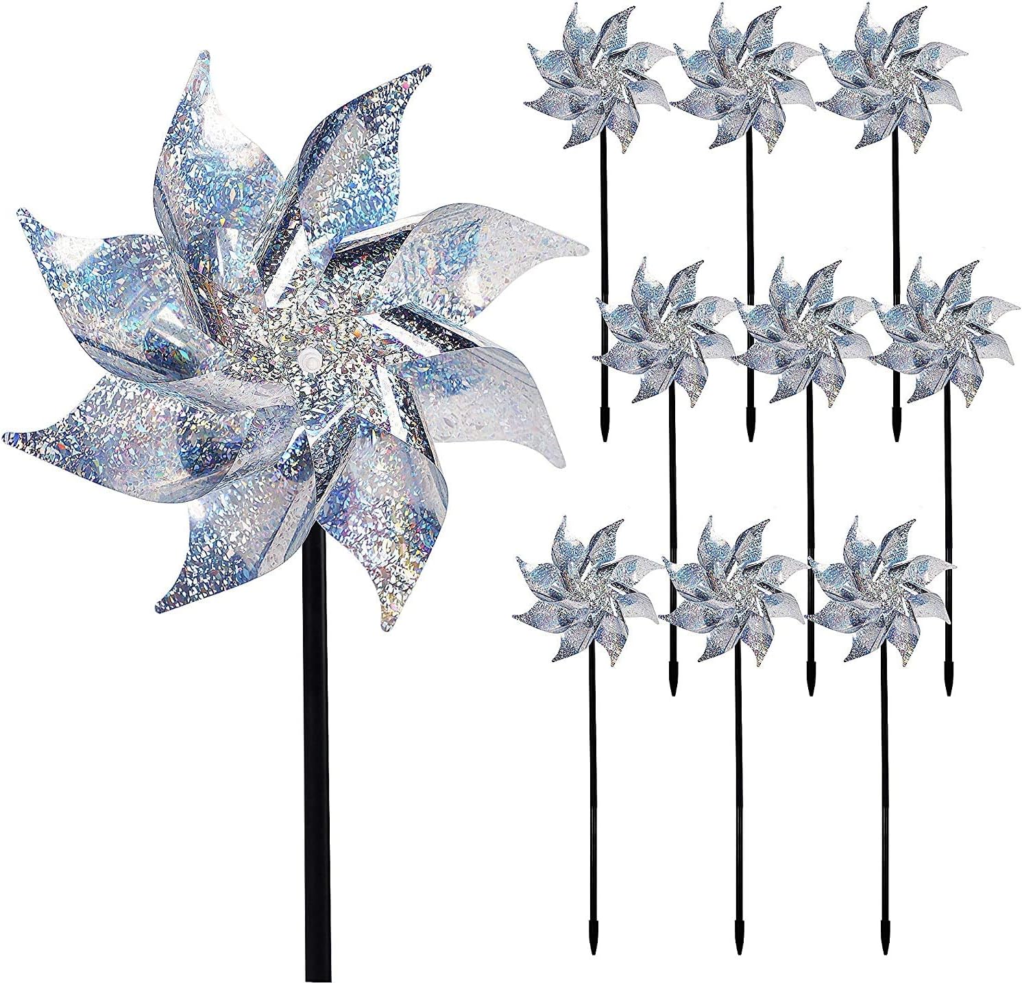 ELECDON 10 Pack Reflective Pinwheels with Stakes, Mylar pinwheels, Extra Sparkly Pin Wheel for Garden Decor, Bird Repellent Devices Deterrent to Scare Birds Away from Yard Patio Farm