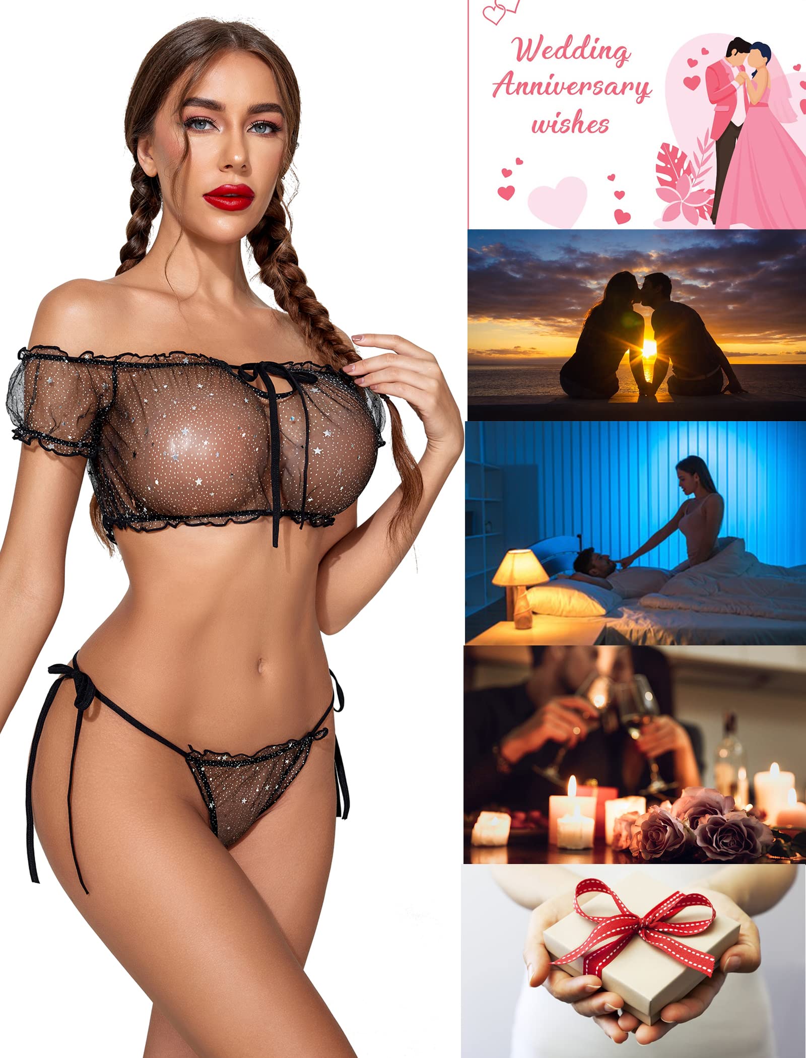 Avidlove Women's Daisy Lingerie Bra Panty Set 2 Pieces Lingerie Set Sexy Babydoll Lingerie: Medium Black Star