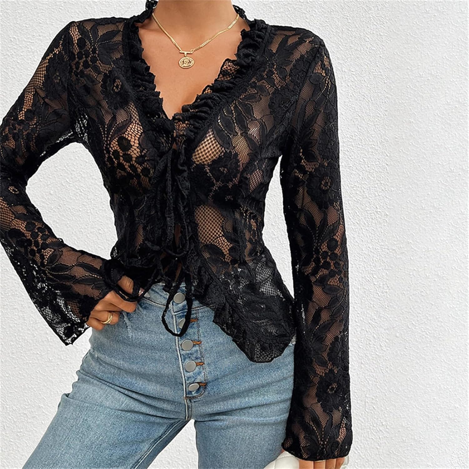 Women Y2K Floral Lace Sheer Crop Top Embroidery V Neck Long Flared Sleeve Shirt Sexy See Through Blouse Top - Image 4
