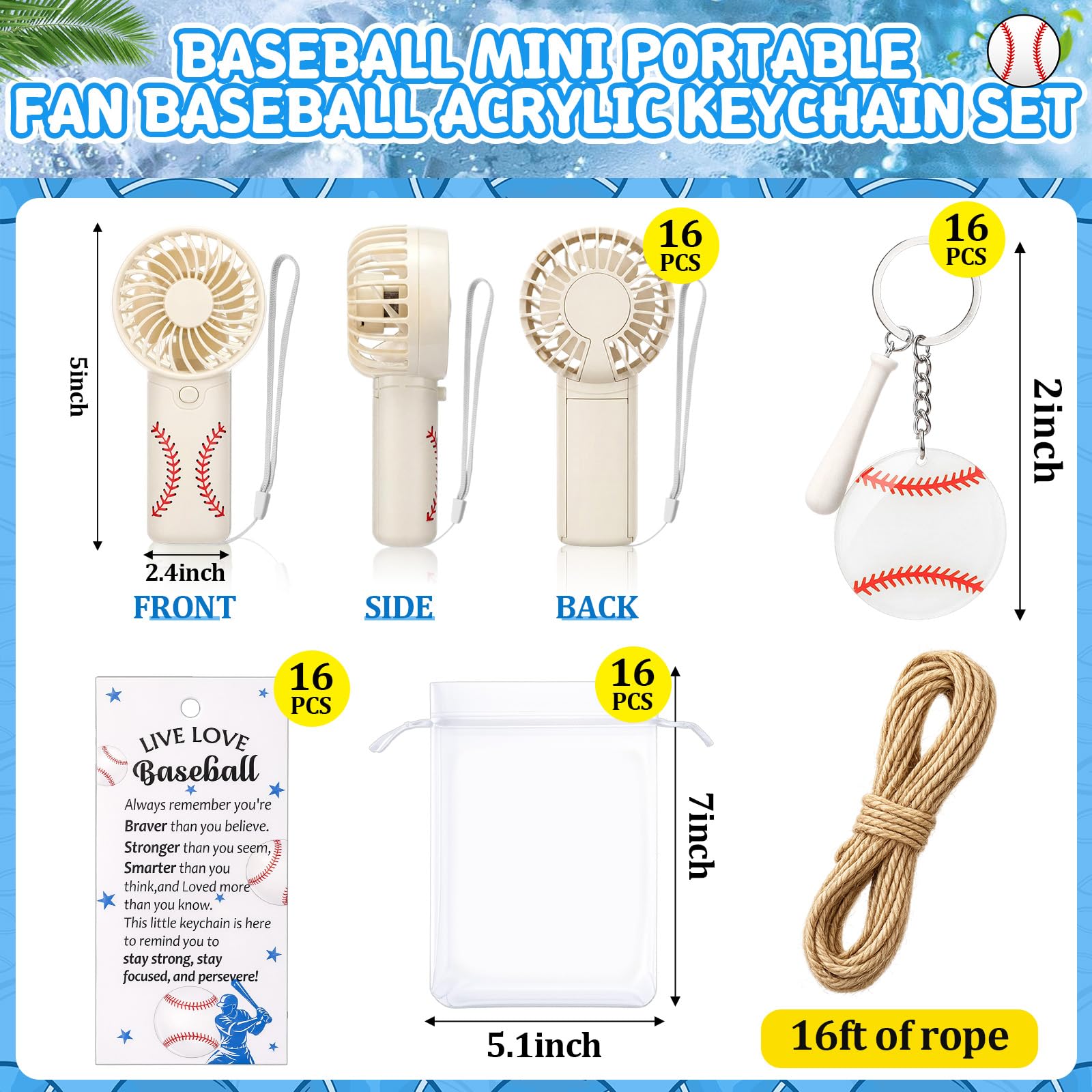 Tuanse Juego de 64 llaveros de acrílico portátil para abanico de béisbol y béisbol, regalos de equipo deportivo con tarjetas motivacionales, bolsas de organza, ventilador de mano alimentado por pilas