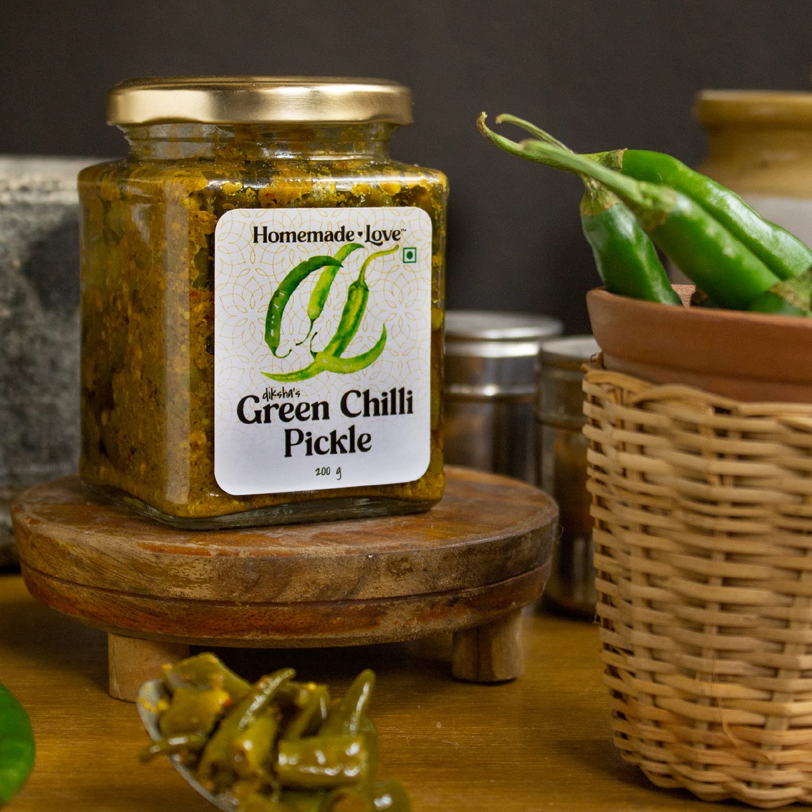 Homemade Love Green Chilli Pickle Made with Farm sourced, Sun-Dried Green Chillies (200g)| Spicy and Tangy Hari Mirch ka Achaar Mixed with Spices - Image 3 thumbnail