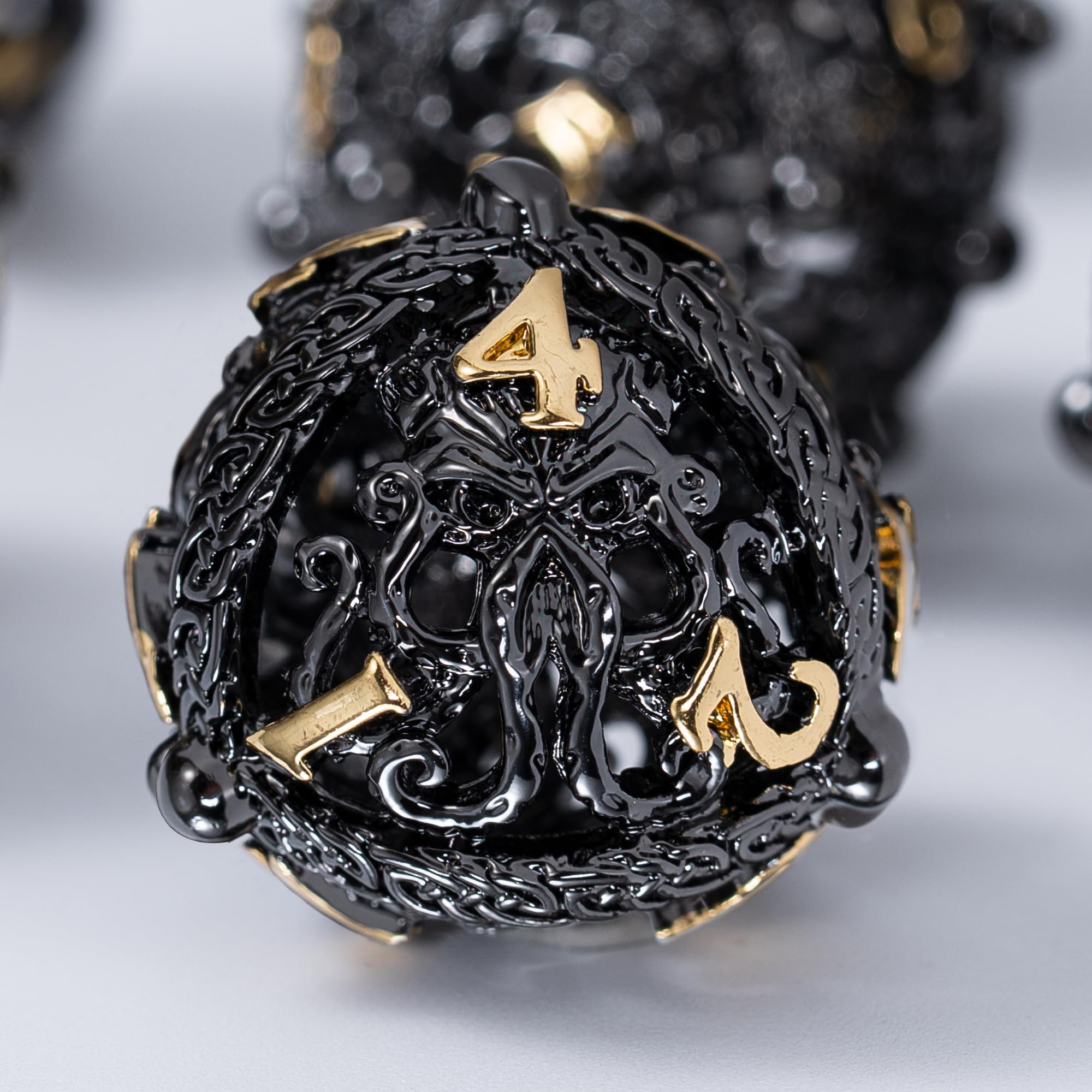 Metal Dice Set for DND - Unique Round Hollow Orb Design for Better Rolling - Cool Cthulhu Dice for D&D Role Playing Games (RPG) - Stunning Set for Dungeons and Dragons (Black Gold)