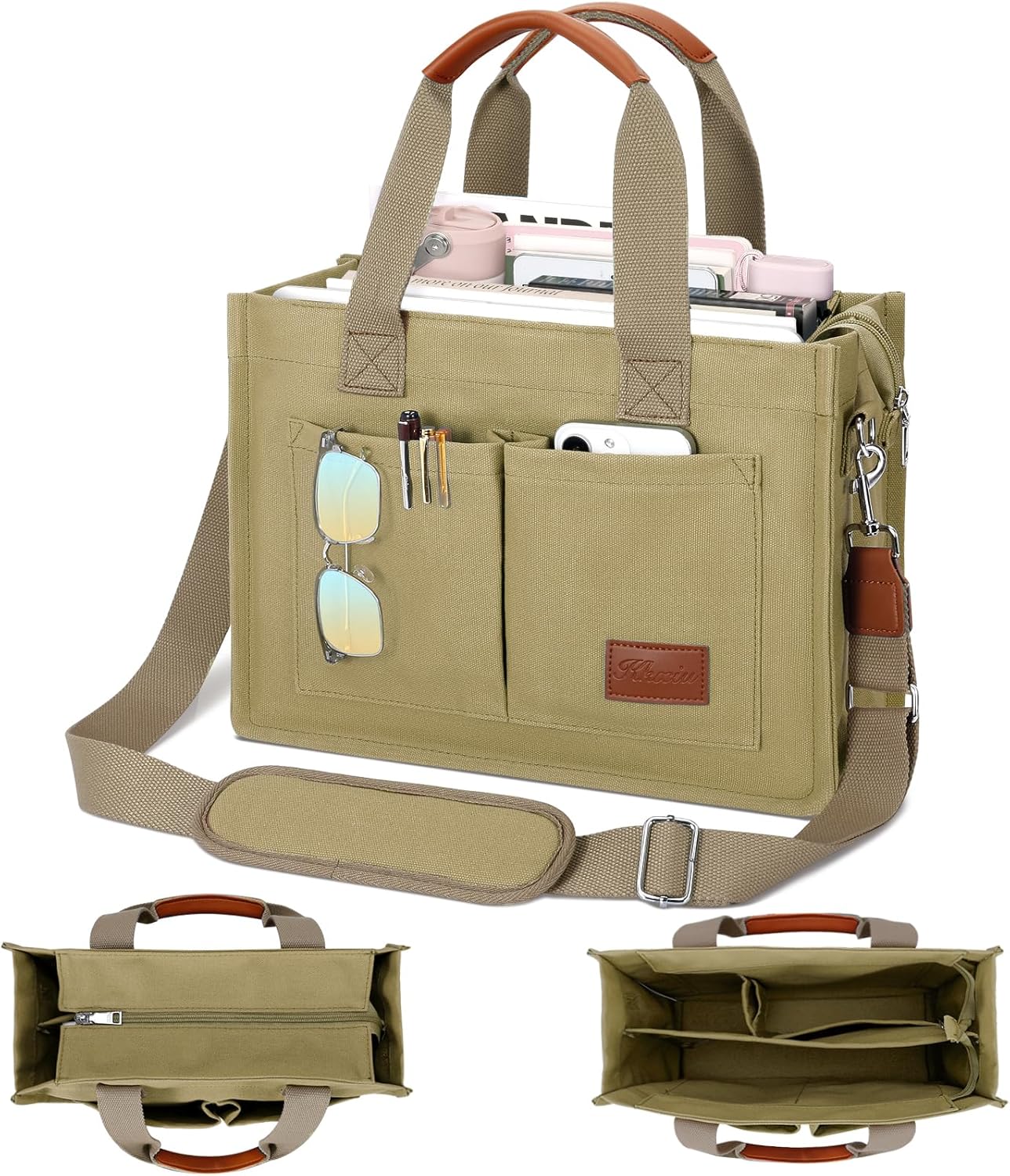 KKXIU Large Canvas Tote Bag for Women with Zipper and Compartments Crossbody Work Bible Messenger Purse Bag With Pockets