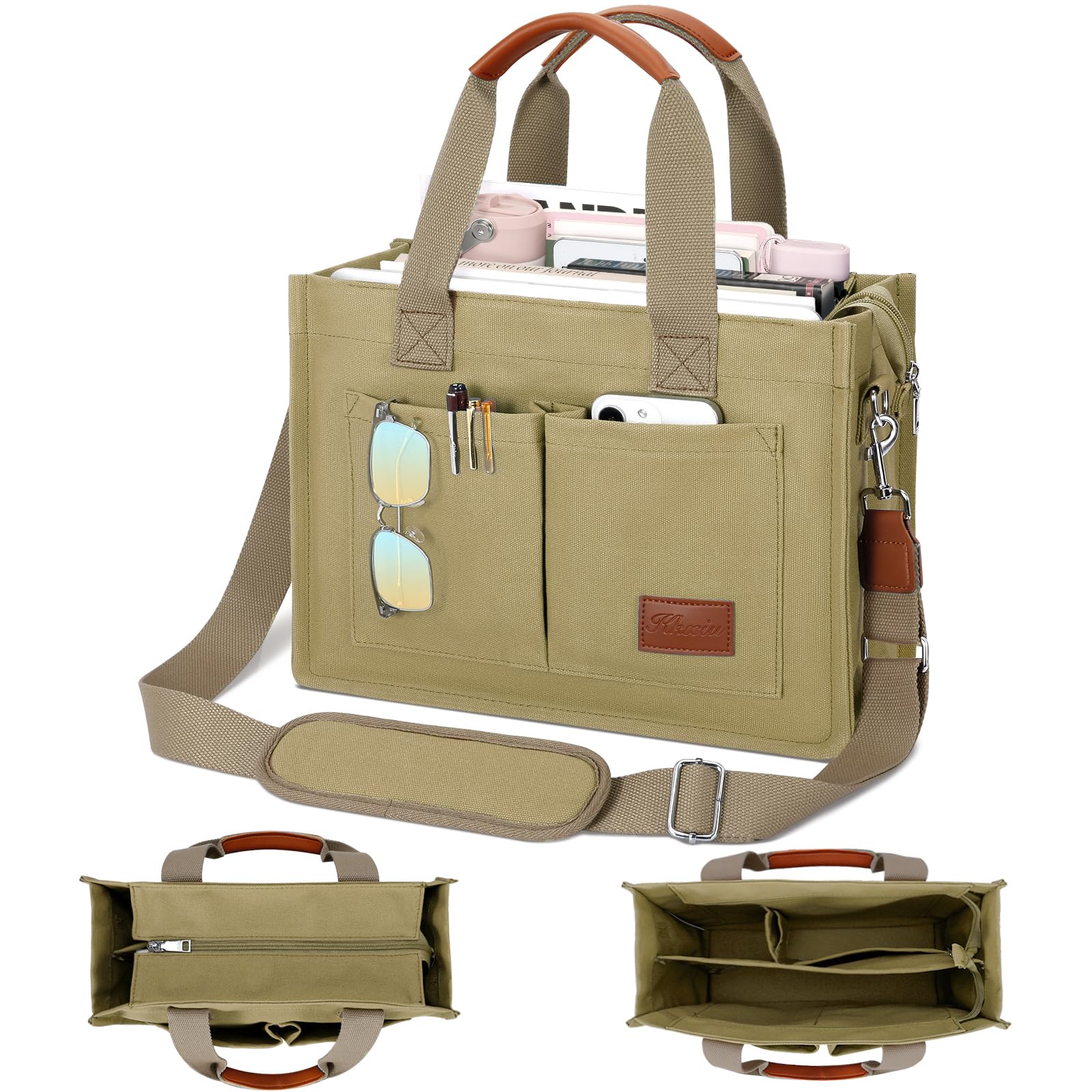 KKXIU Large Canvas Tote Bag for Women with Zipper and Compartments Crossbody Work Bible Messenger Purse Bag With Pockets Khaki Large