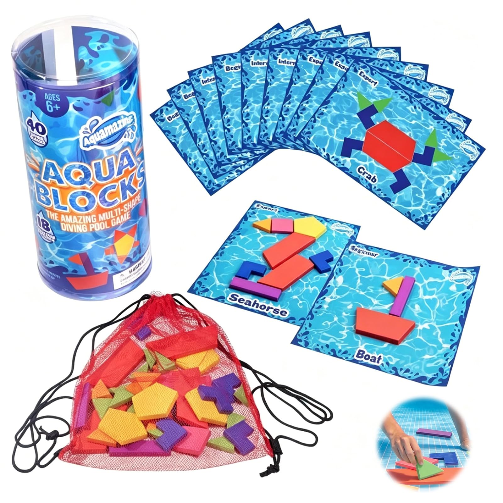 BRTNUP Underwater Puzzle Pool Game, Fun Underwater Swimming Pool Game Seek and Splash Pool Games with 40 Acrylic Tile & 18 Challenge Card Portable Pool Diving Games for Swimming Training & Family Fun